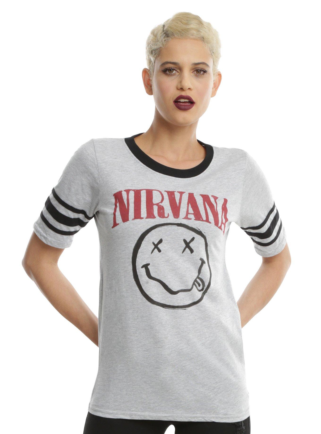 Nirvana Smiley Girls Athletic T-Shirt, HEATHER GREY, hi-res