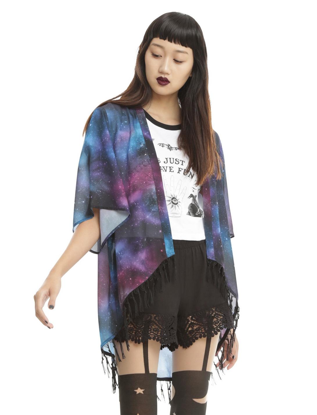 Galaxy Print Kimono, BLACK, hi-res