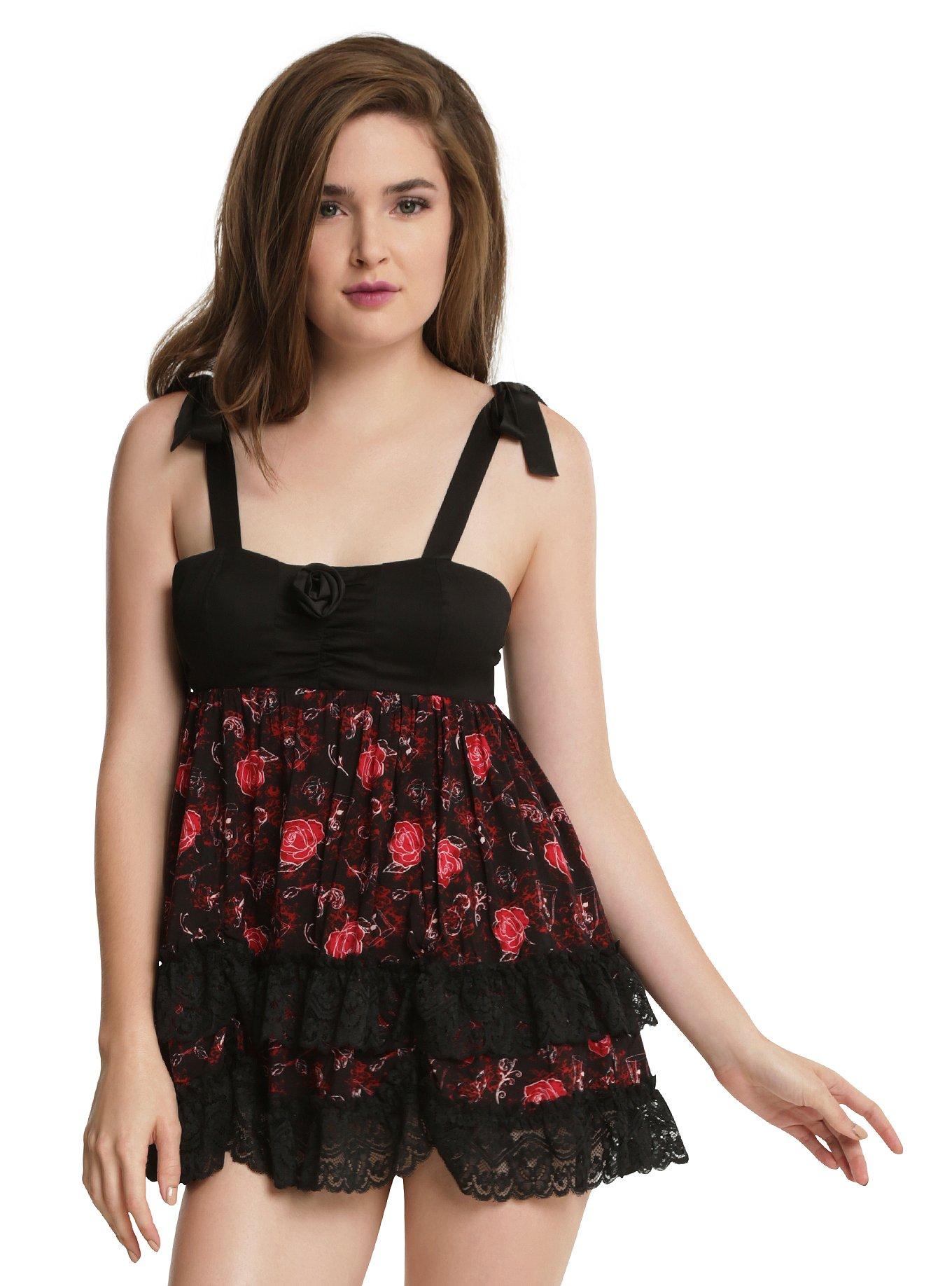 Disney Beauty And The Beast Black & Red Rose Babydoll, BLACK, hi-res