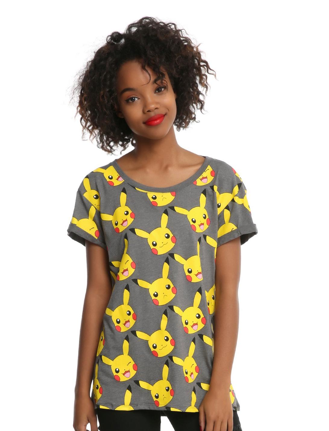 Pokemon Pikachu Faces Cuff-Sleeved Girls T-Shirt, HEATHER GREY, hi-res