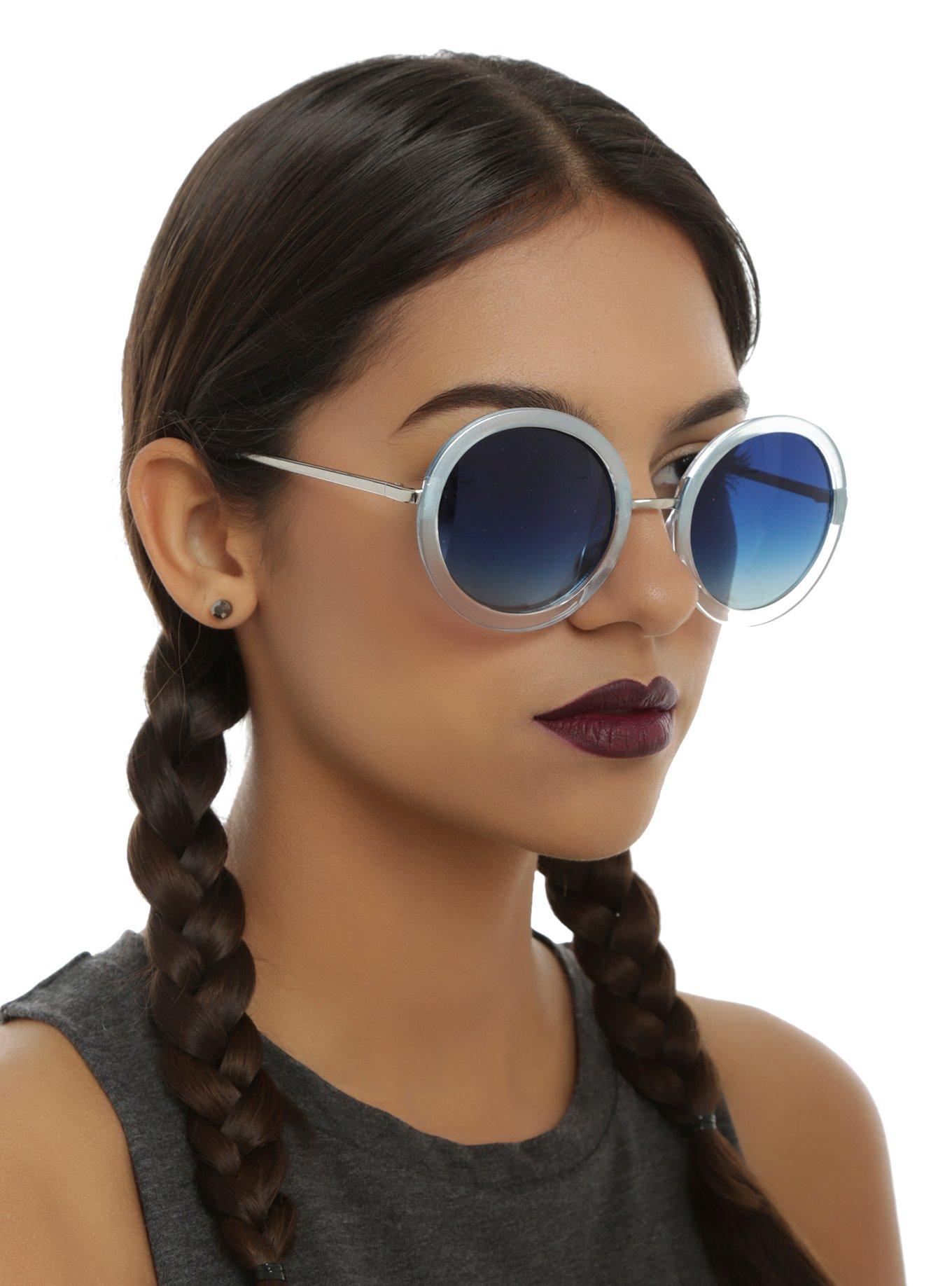 Light Blue Ombre Round Sunglasses, , hi-res