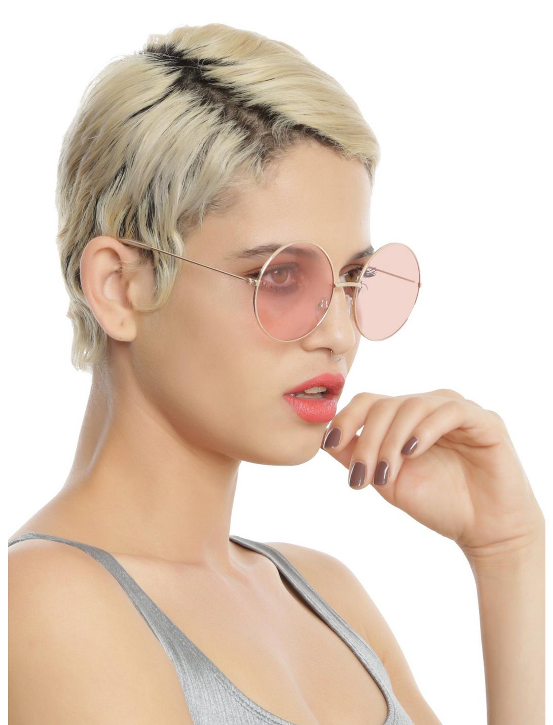 Rose Gold Pink Lens Round Sunglasses, , hi-res