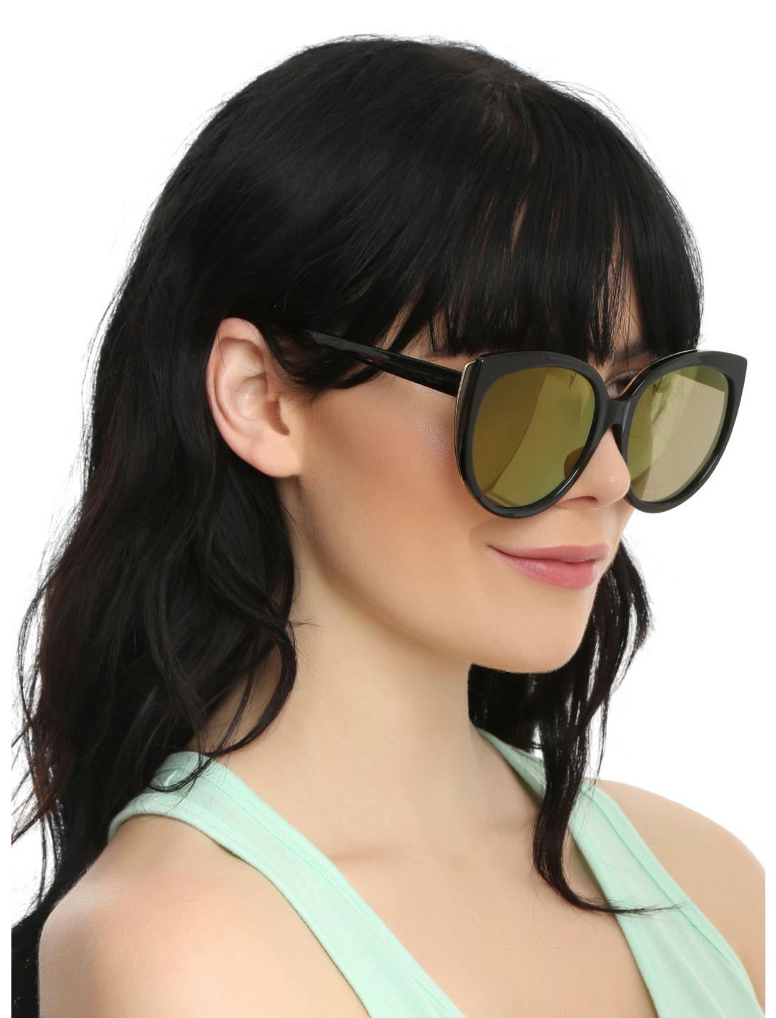 Black Plastic Gold Accented Purple Mirror Round Cat Eye Sunglasses, , hi-res