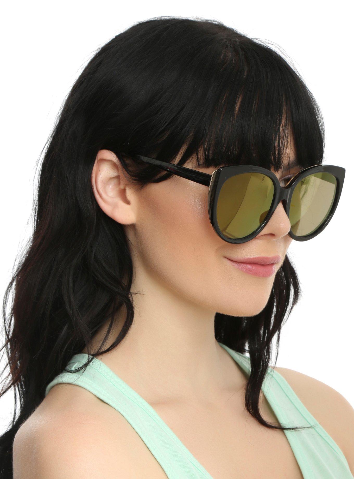 Black Plastic Gold Accented Purple Mirror Round Cat Eye Sunglasses, , hi-res