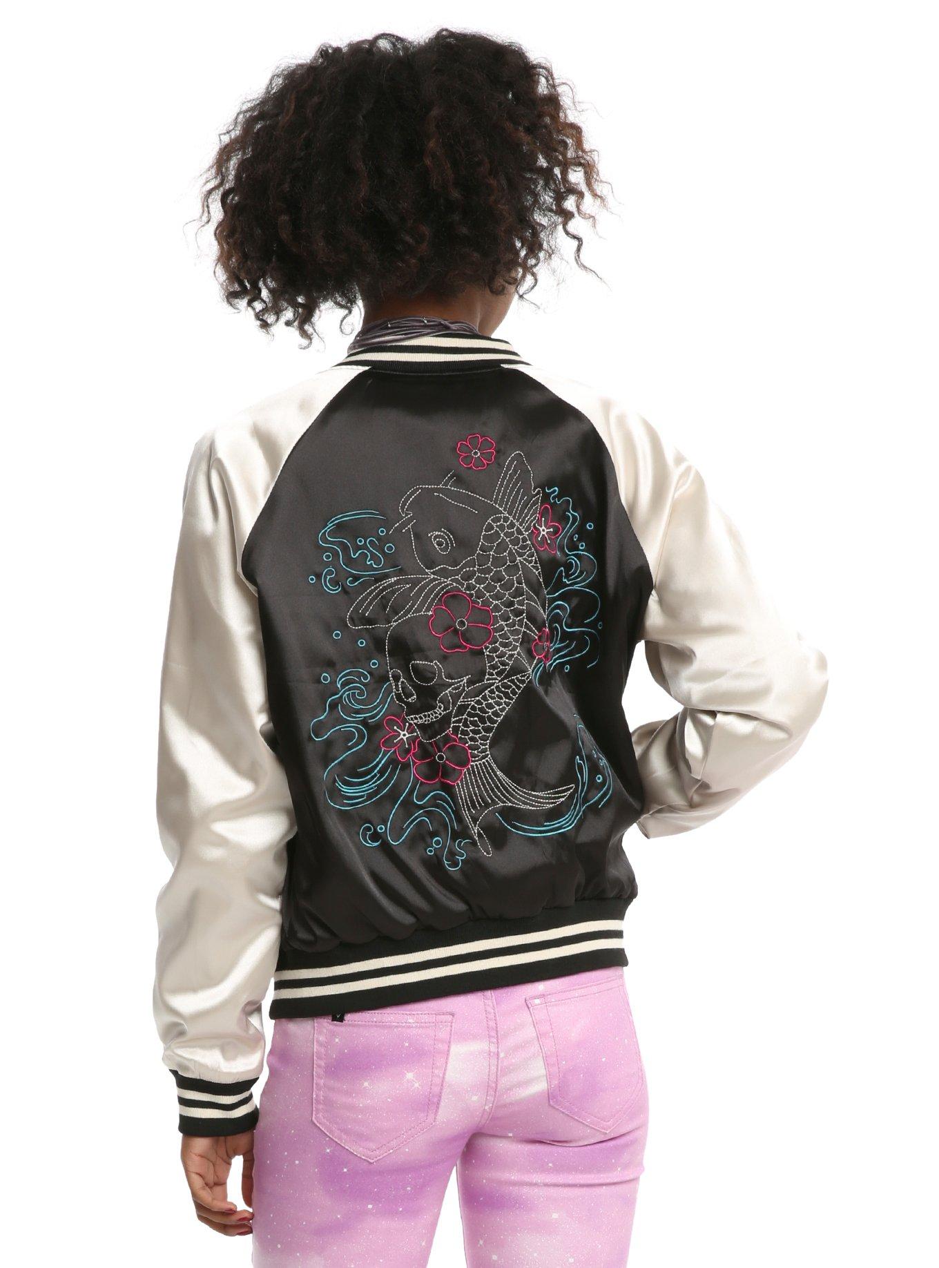 Black & Champagne Embroidered Koi Girls Satin  Souvenir Jacket, BLACK, hi-res