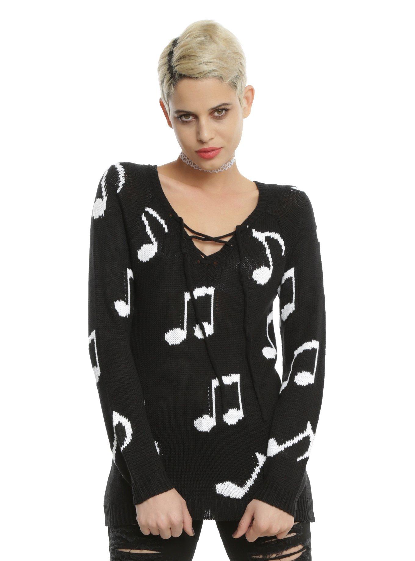 Black & White Music Note Lace-Up Girls Sweater, BLACK, hi-res