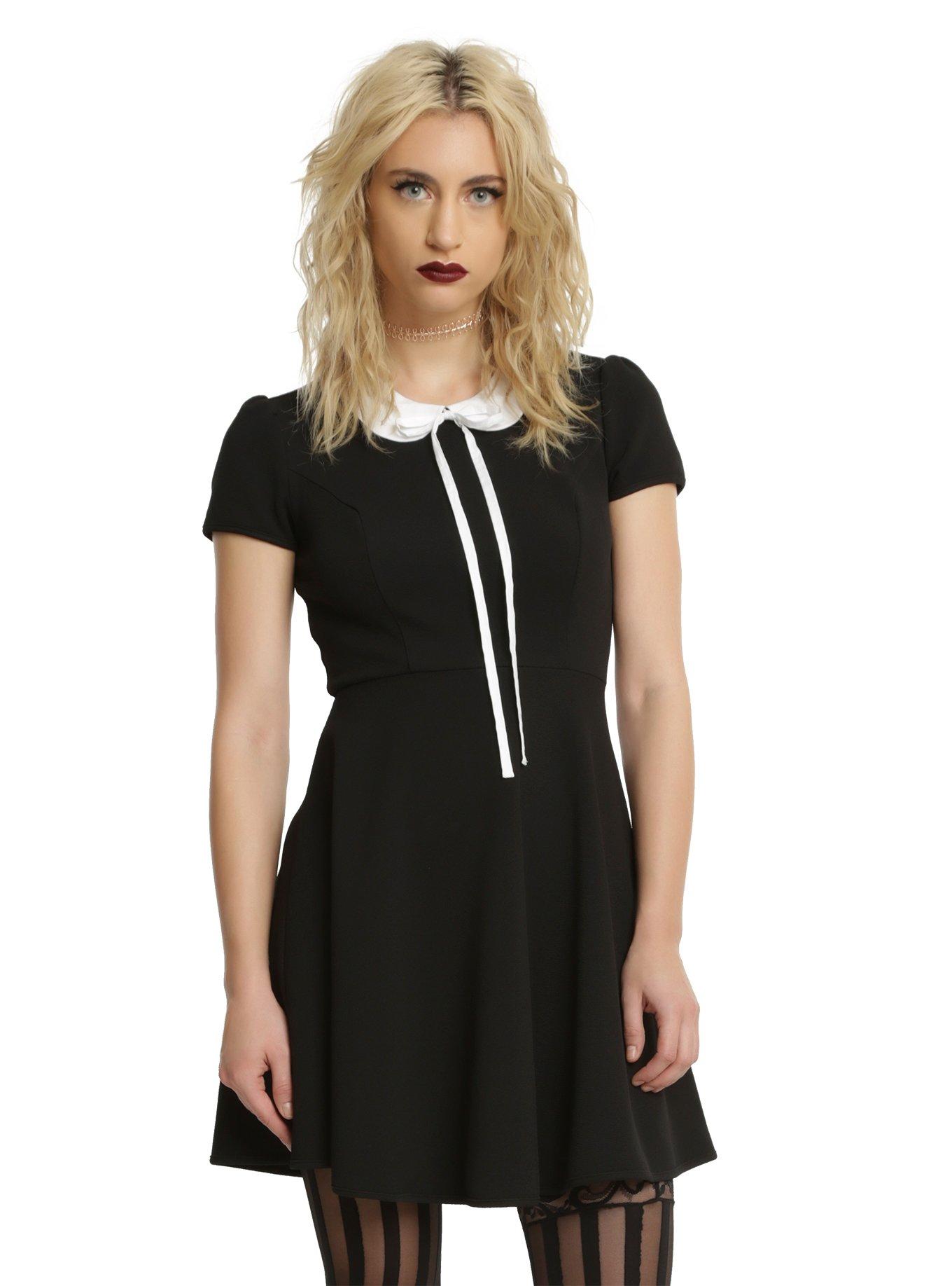 Black & White Collar Long Bow Fit & Flare Dress, GREEN, hi-res