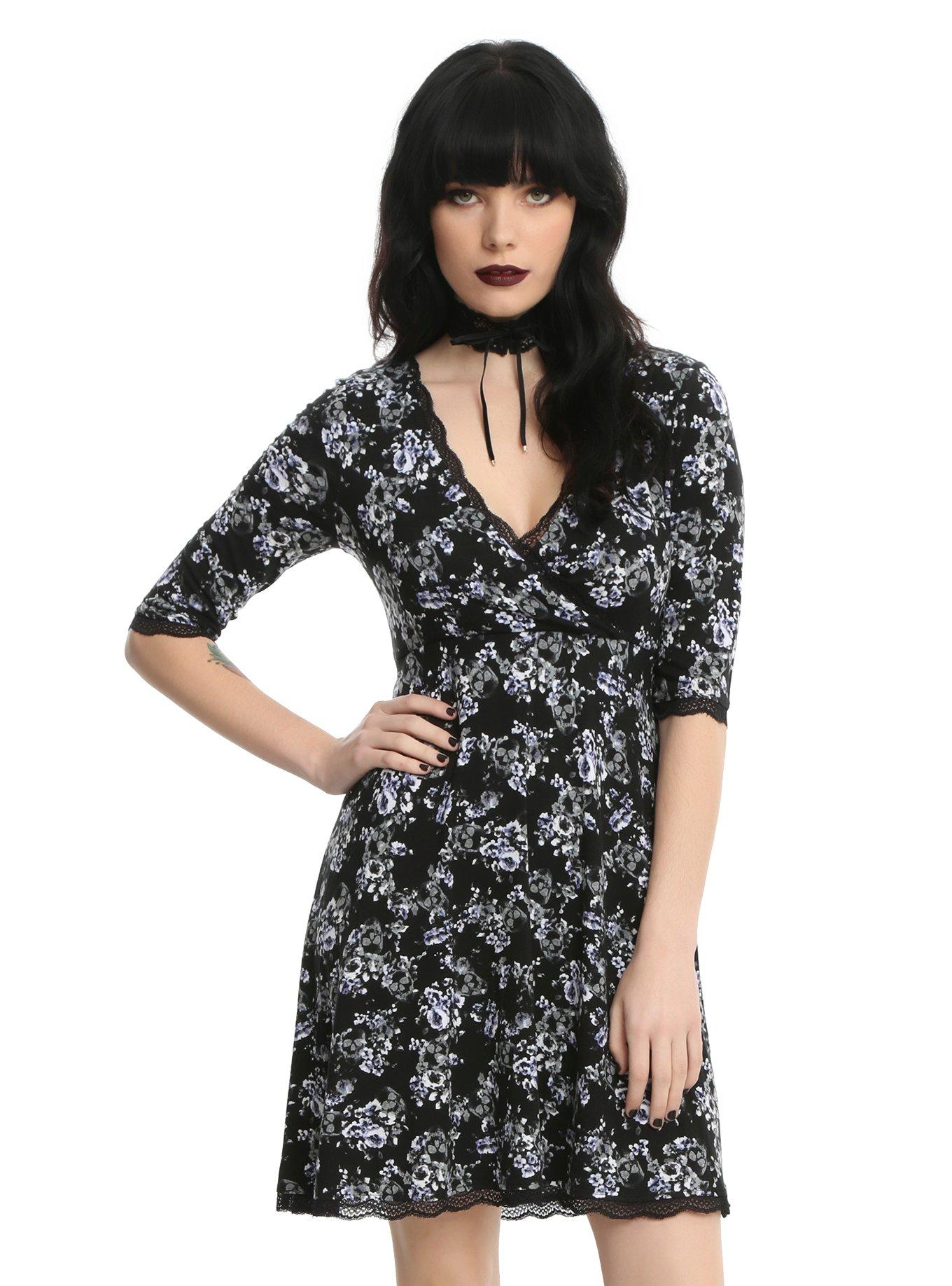 Black Floral Faux Wrap Dress, BLACK, hi-res