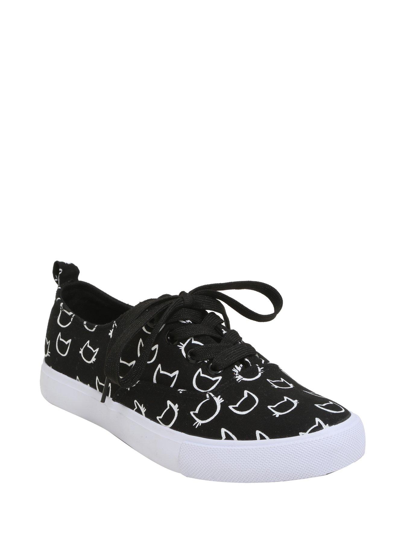 Cat Head Print Lace-Up Sneakers, BLACK, hi-res