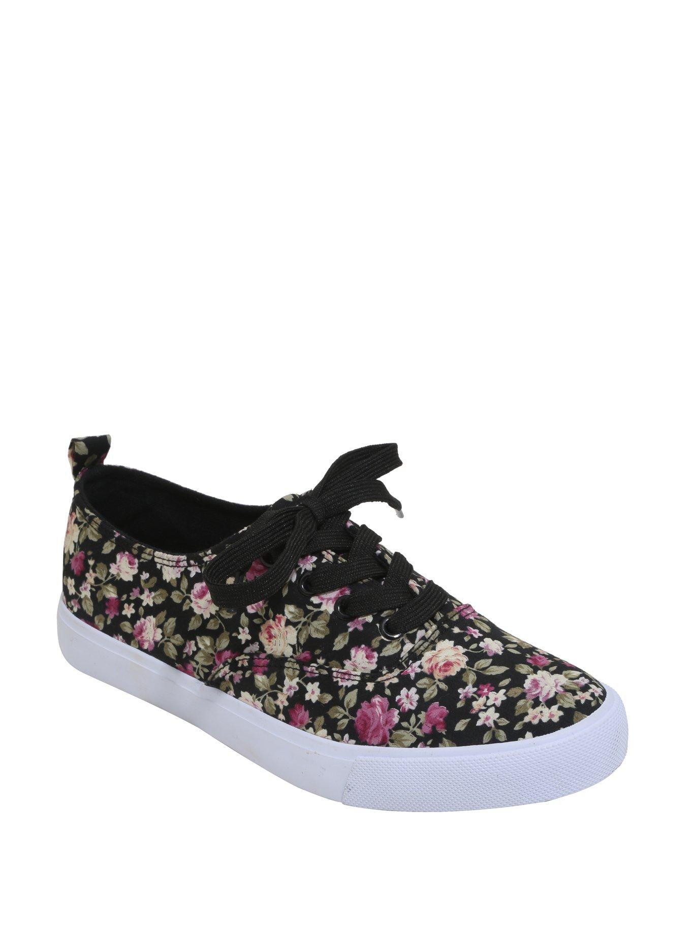Black Floral Lace-Up Sneakers, BLACK, hi-res