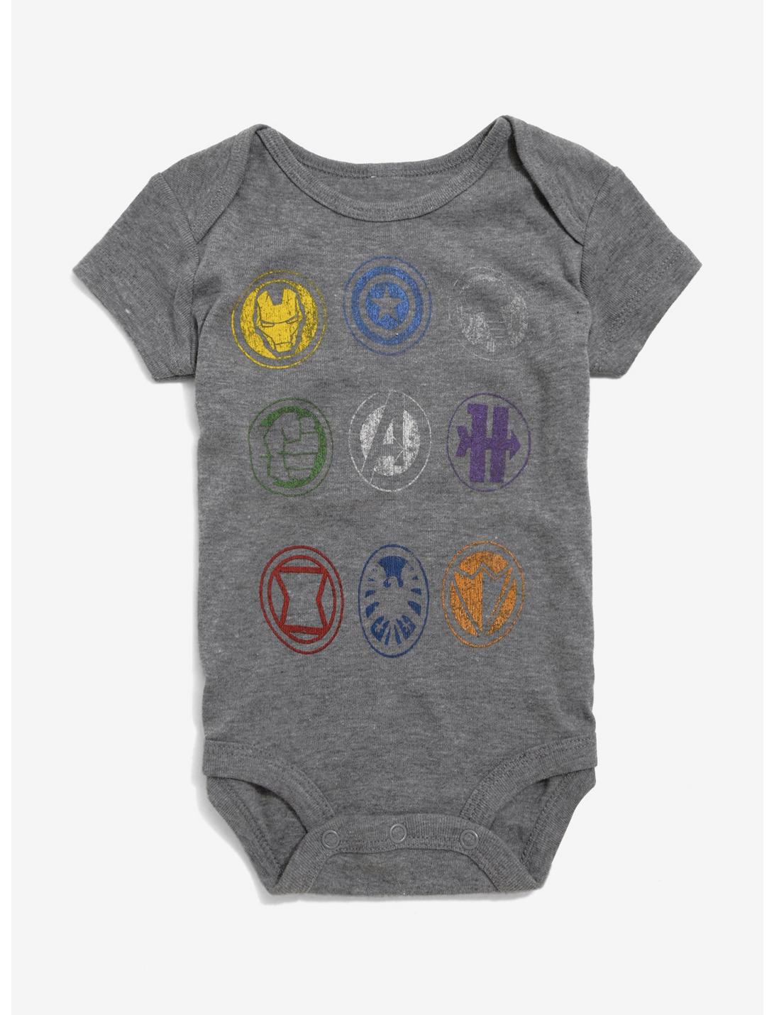 Marvel Avengers Logos Baby Bodysuit, CHARCOAL, hi-res