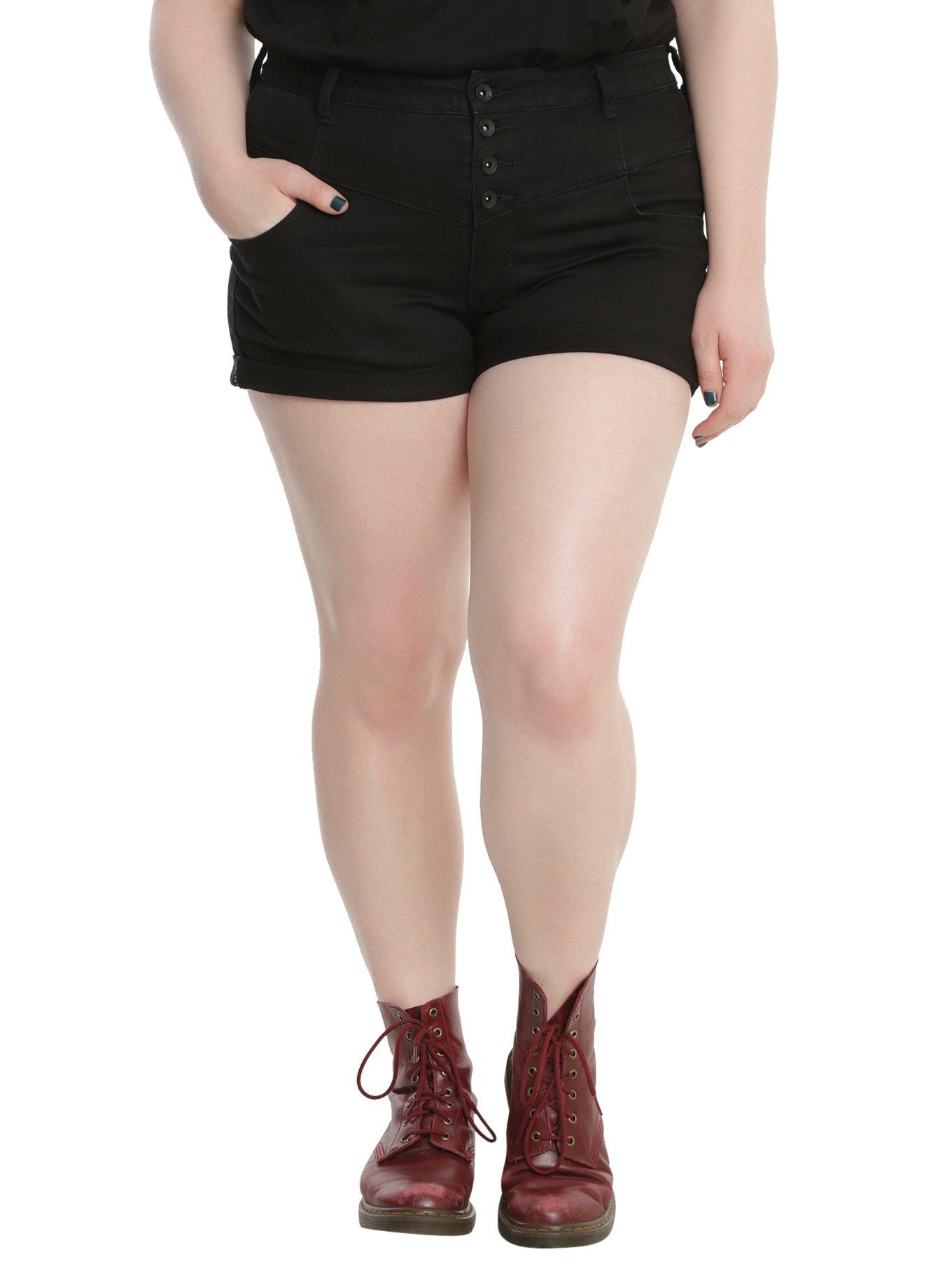 Blackheart Black High-Waisted V-Stitch Shorts Plus Size, BLACK, hi-res