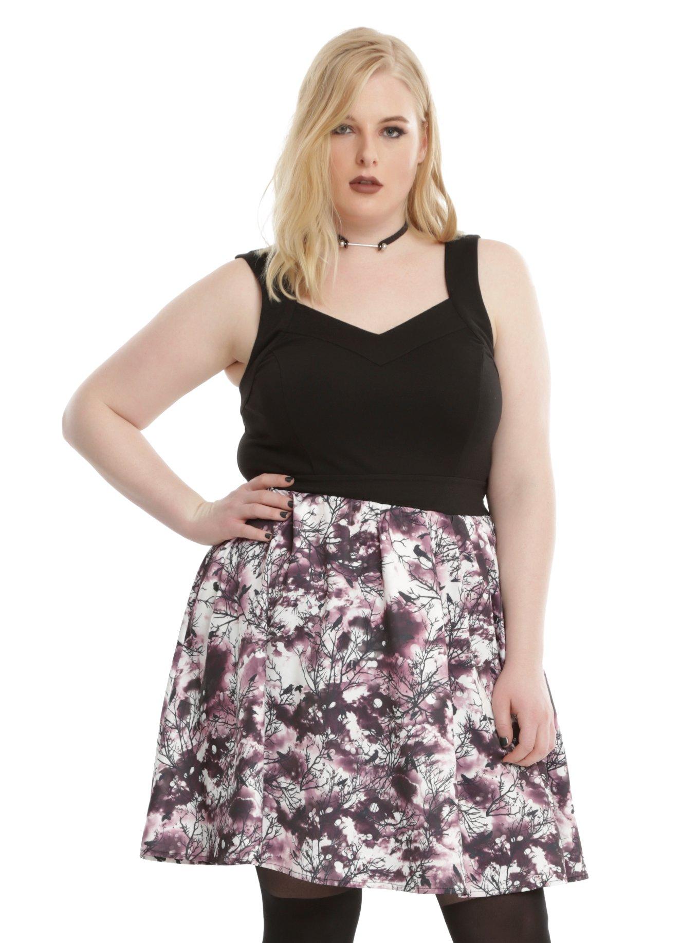 Black & Purple Raven & Branches Dress Plus Size, BLACK, hi-res