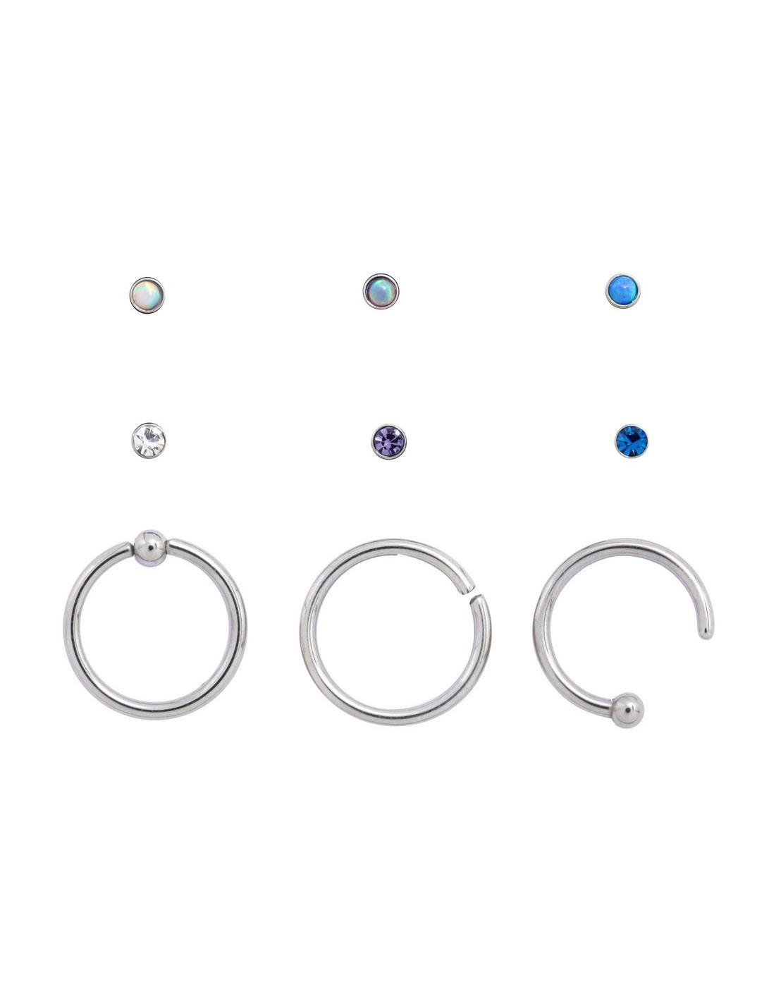 Steel Blue Purple Clear Opal Nose Stud & Hoop 9 Pack, MULTI, hi-res