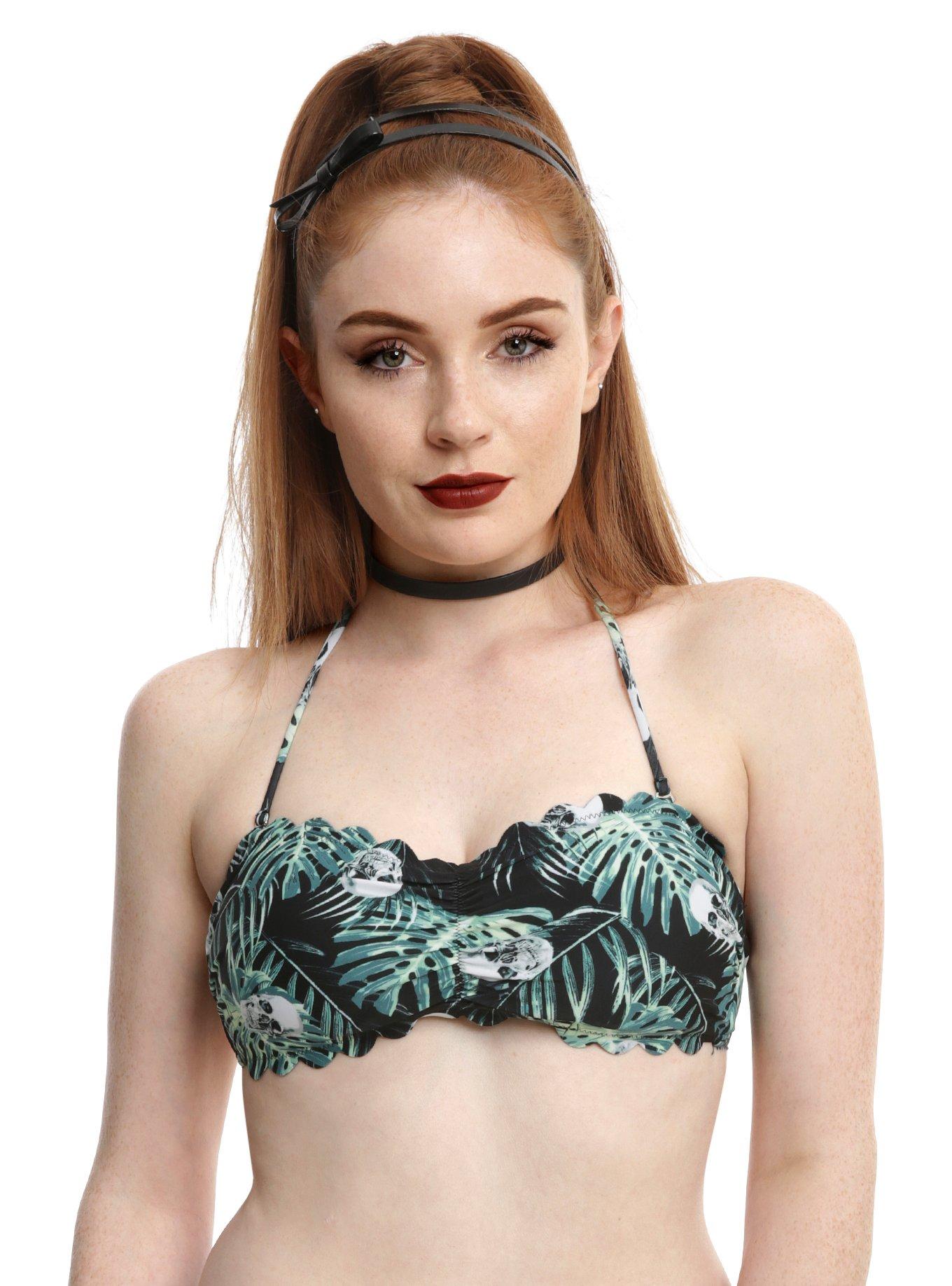 Scalloped Leaf & Skull Swim Top, BLACK, hi-res