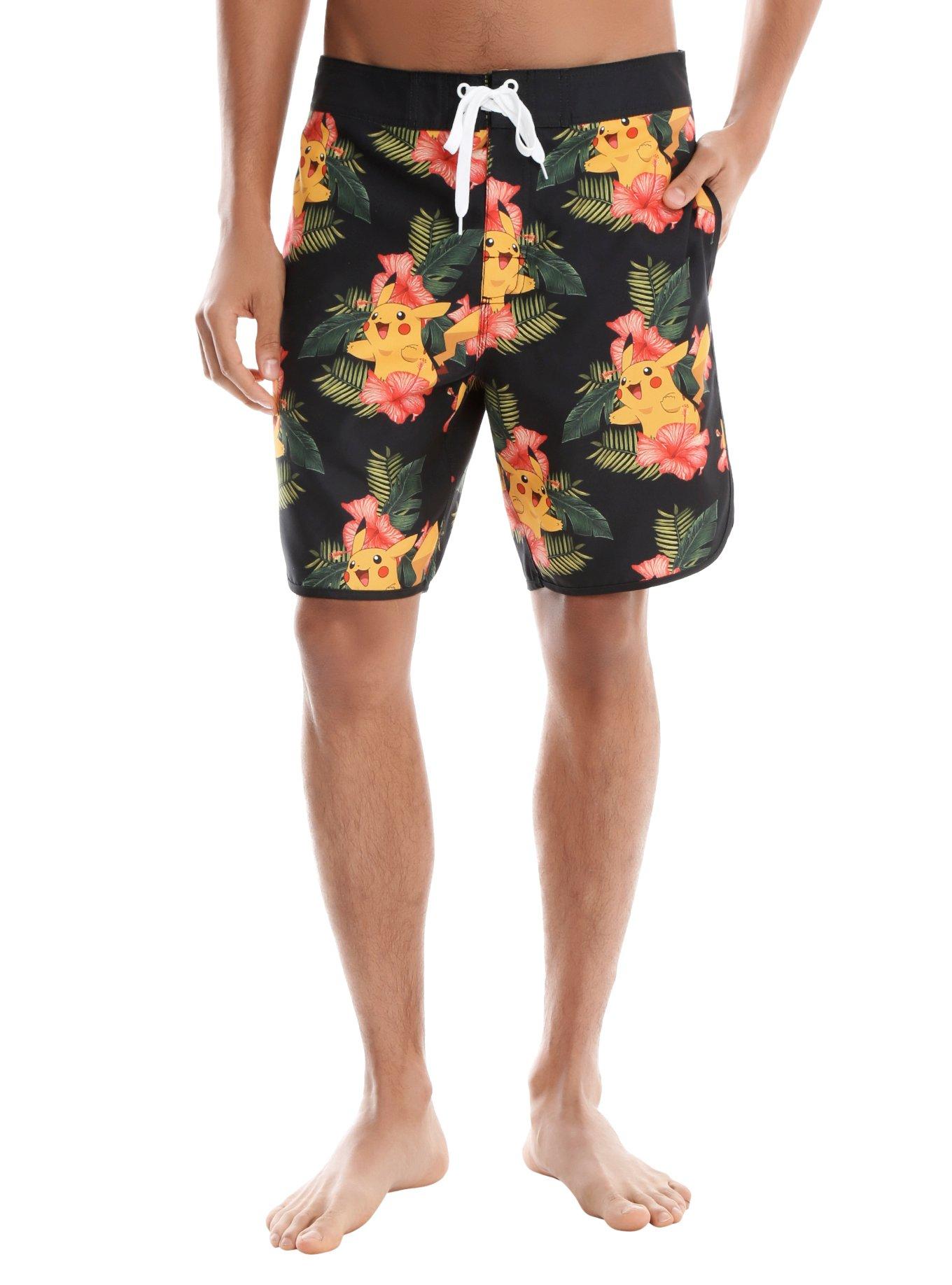 Pokemon Pikachu Hibiscus Swim Trunks, RED, hi-res