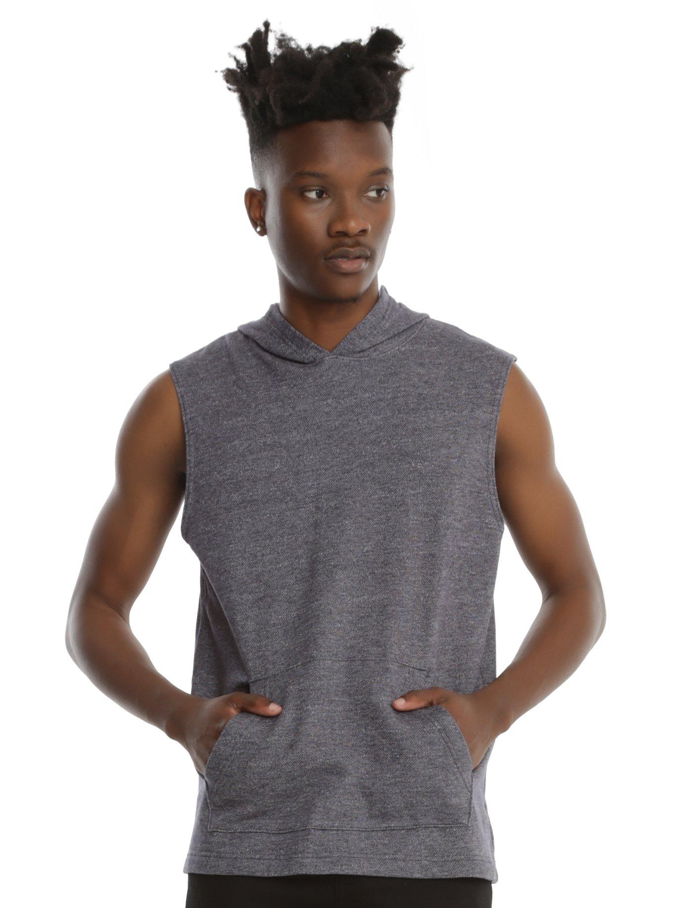 XXX RUDE Marled Grey Sleeveless Hoodie, BLUE, hi-res