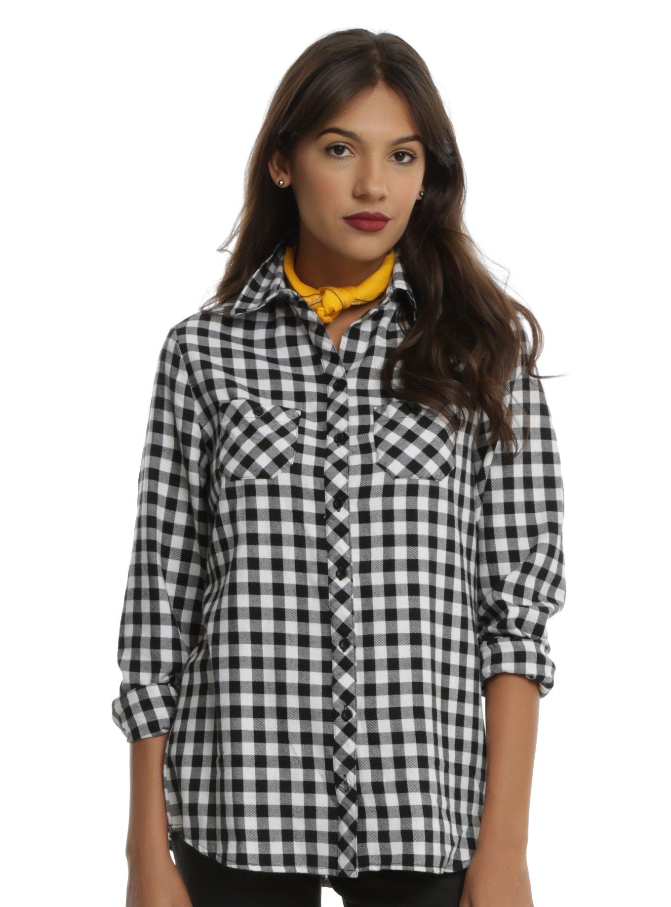 Black & White Buffalo Plaid Girls Button-Up Woven, BLACK, hi-res