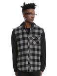 XXX RUDE Black & Grey Buffalo Plaid & Fleece Sleeves Hooded Woven Button-Up, BLACK, hi-res