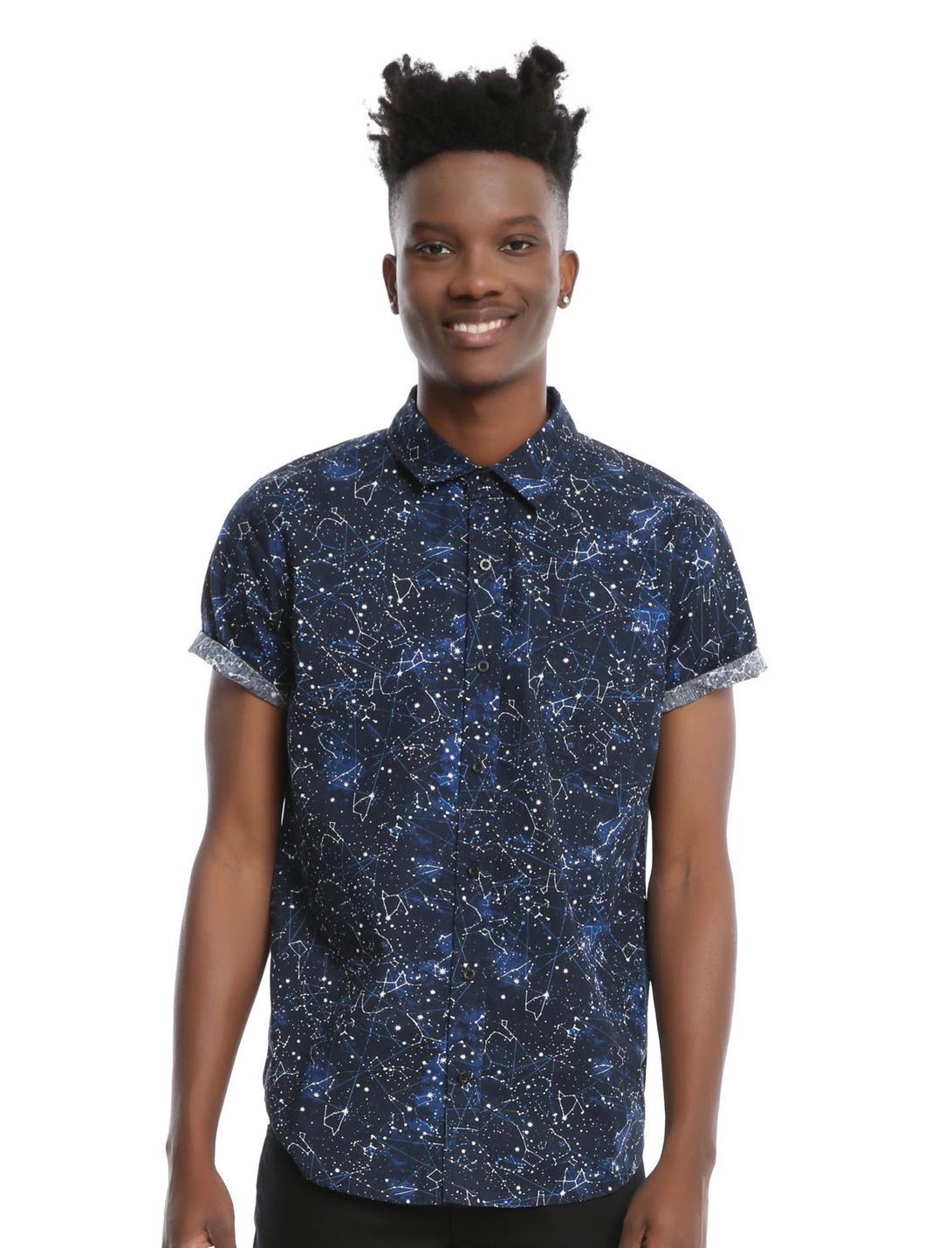 XXX RUDE Constellation Print Short-Sleeved Woven Button-Up, BLACK, hi-res