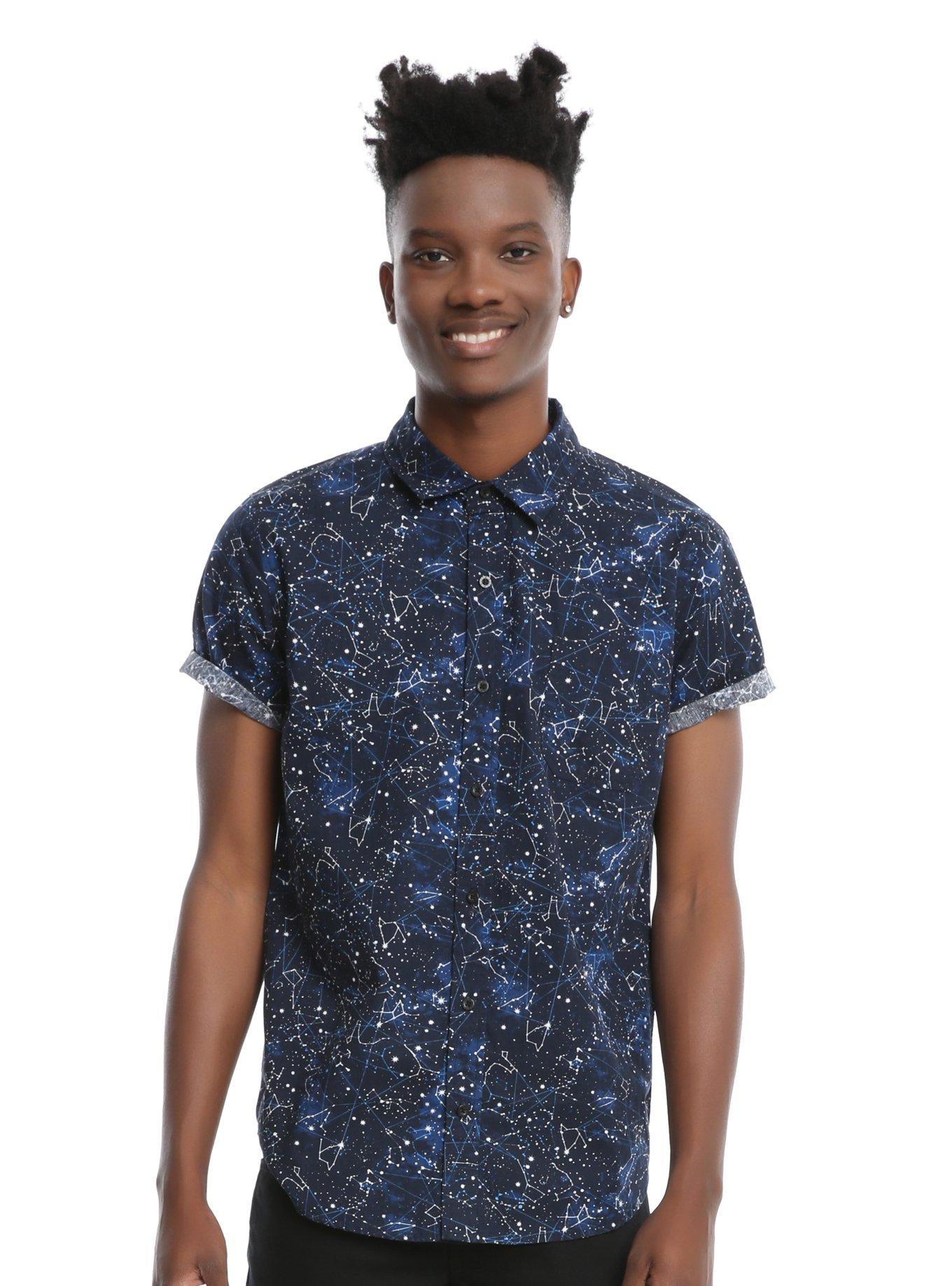 XXX RUDE Constellation Print Short-Sleeved Woven Button-Up, BLACK, hi-res