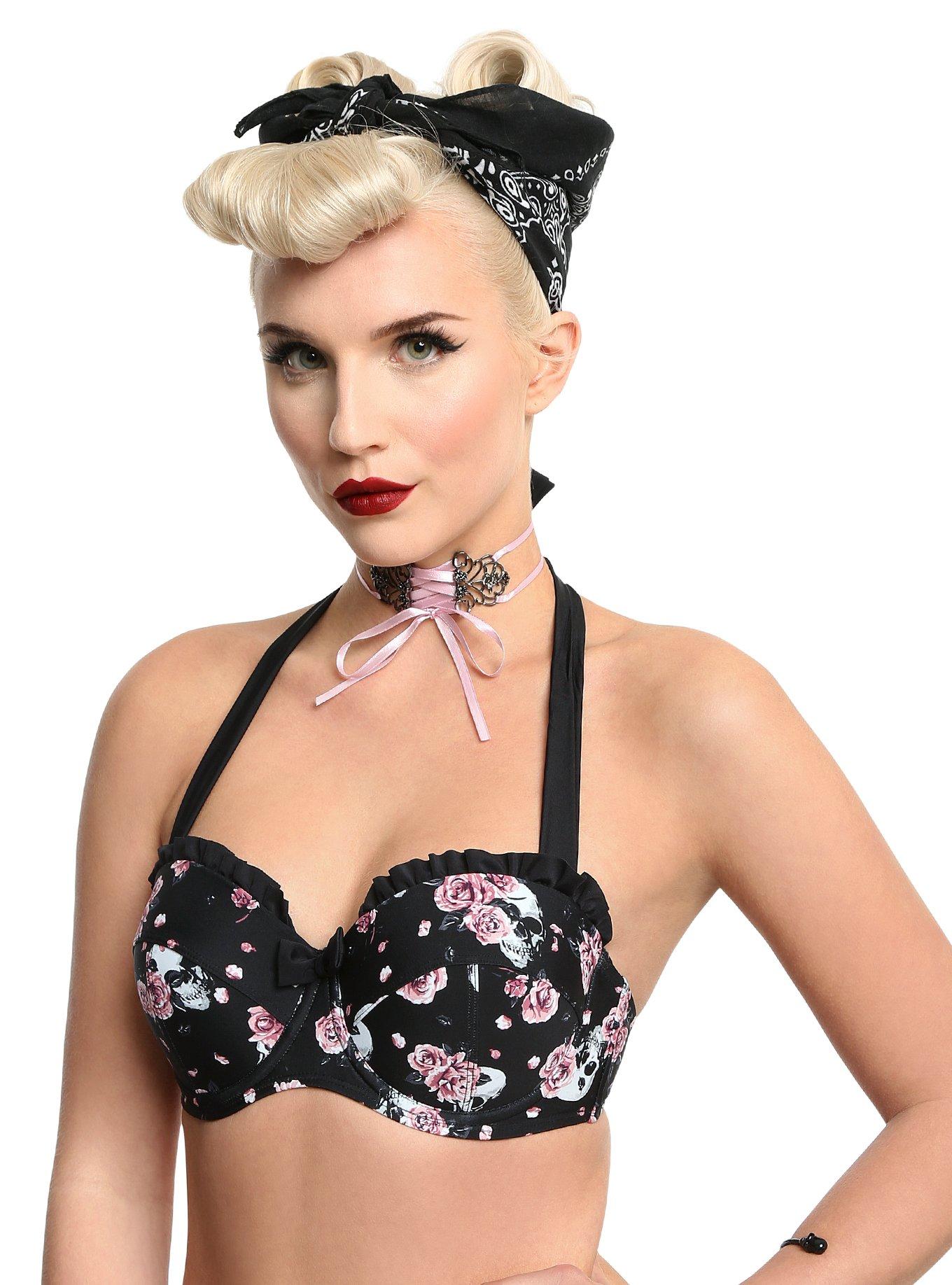 Black Floral & Skulls Swim Top, BLACK, hi-res