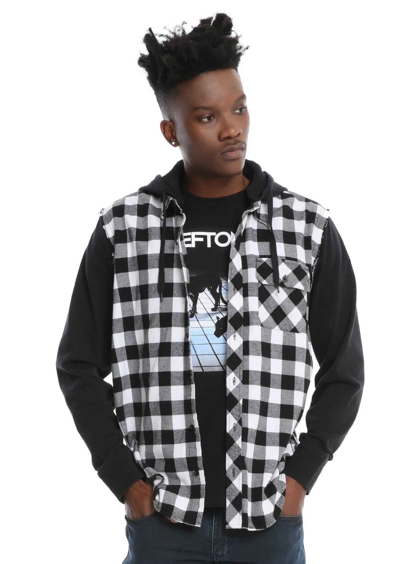 XXX RUDE Black & White Buffalo Plaid & Fleece Sleeves Hooded Woven Button-Up, BLACK, hi-res