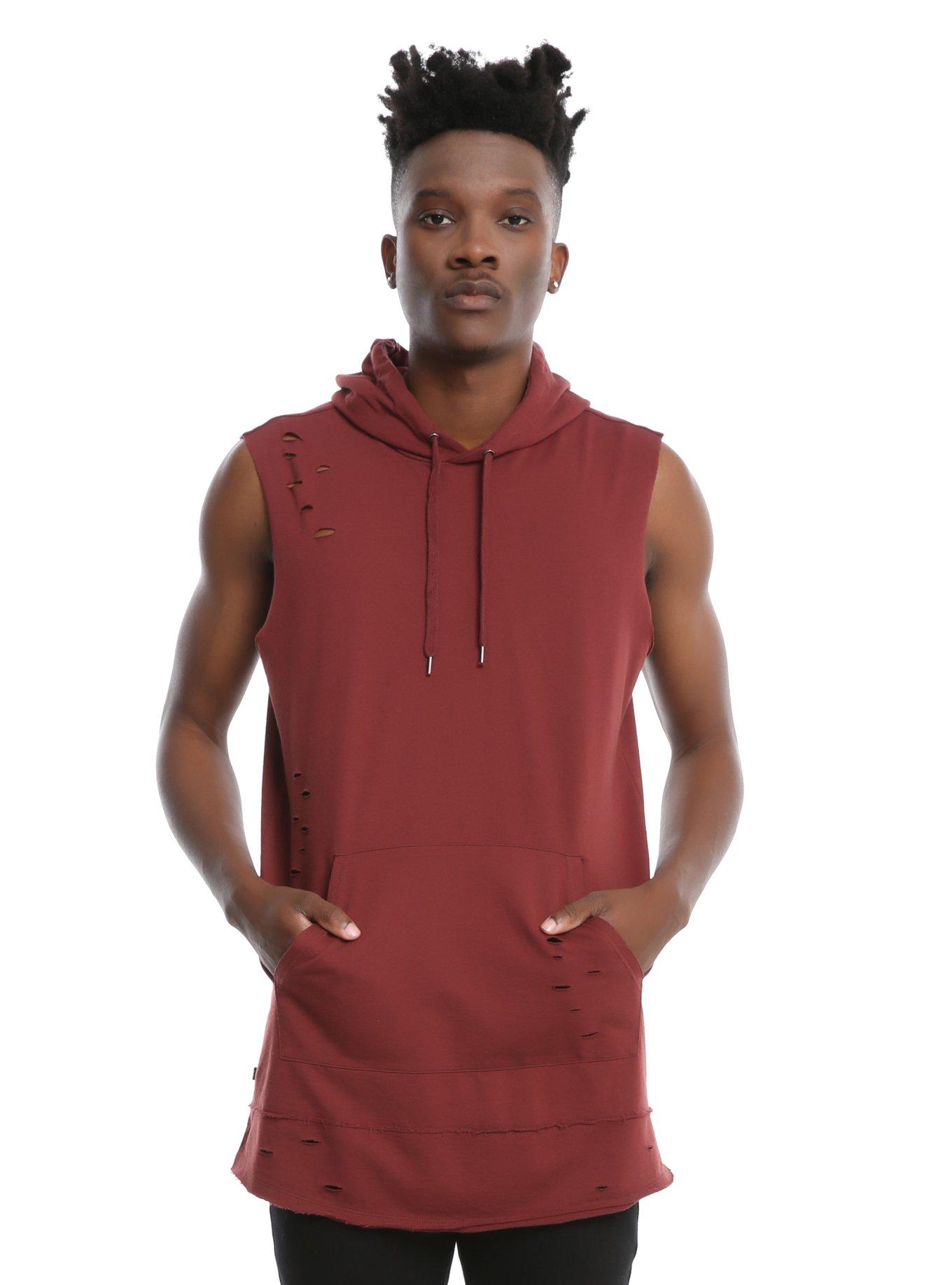 XXX RUDE Burgundy Deconstructed Sleeveless Hoodie, BURGUNDY, hi-res