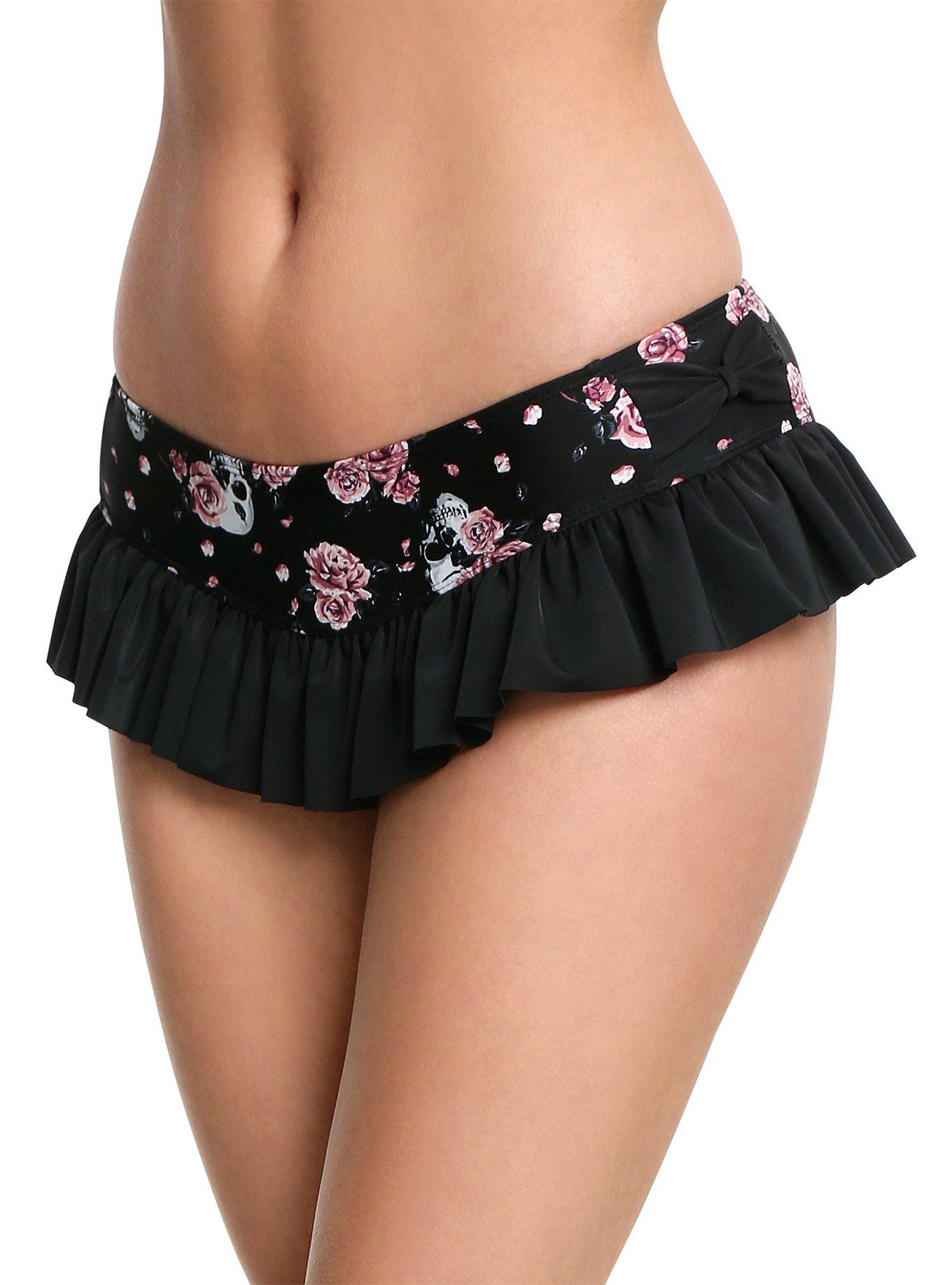 Black Floral & Skulls Ruffle Swim Bottoms, BLACK, hi-res