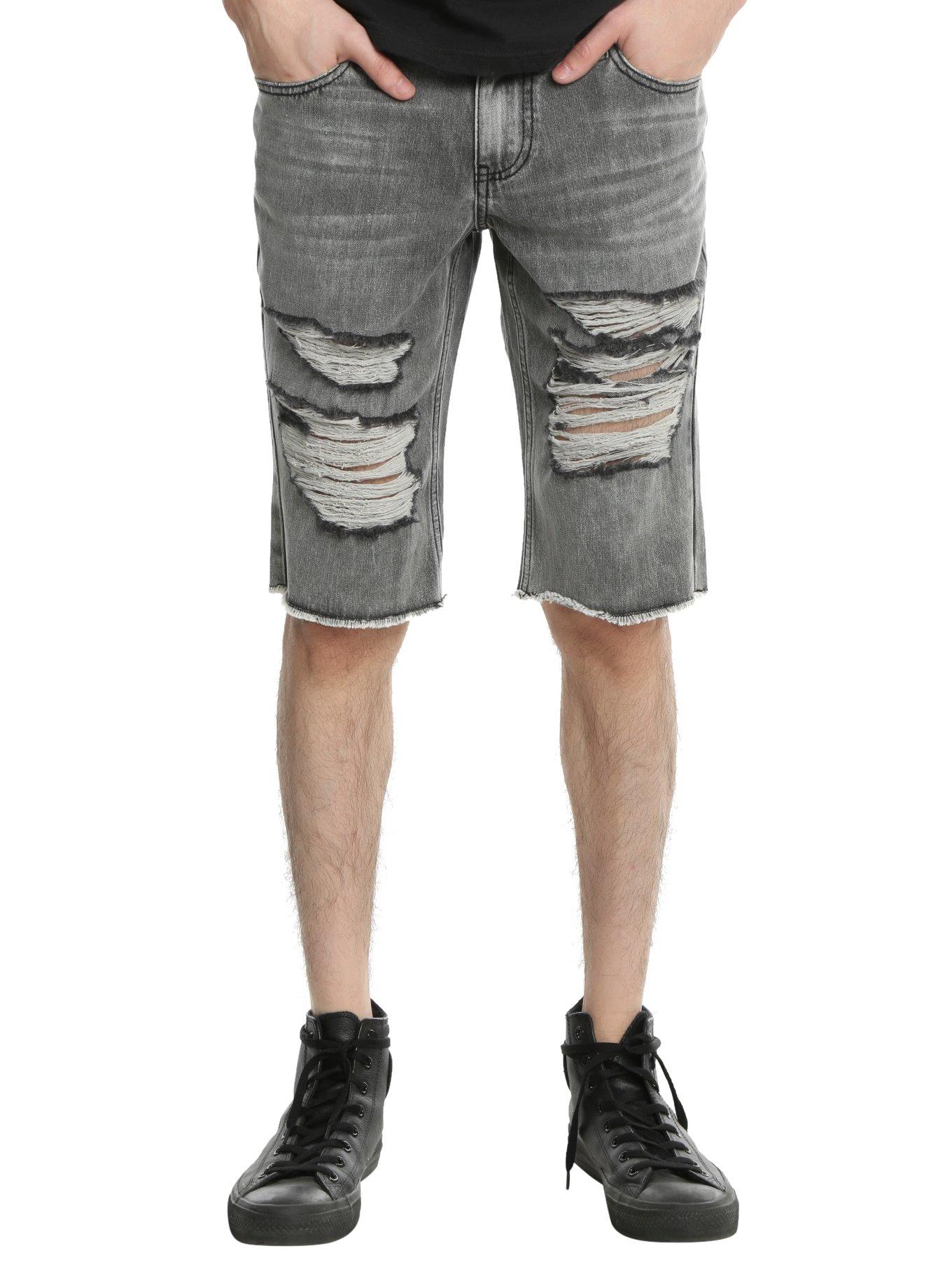 パンツ SATSUN NIGHT WASHED GREY DENIM SHORTS XXX Rude Grey Wash Deconstructed Skinny Denim Shorts | Hot Topic