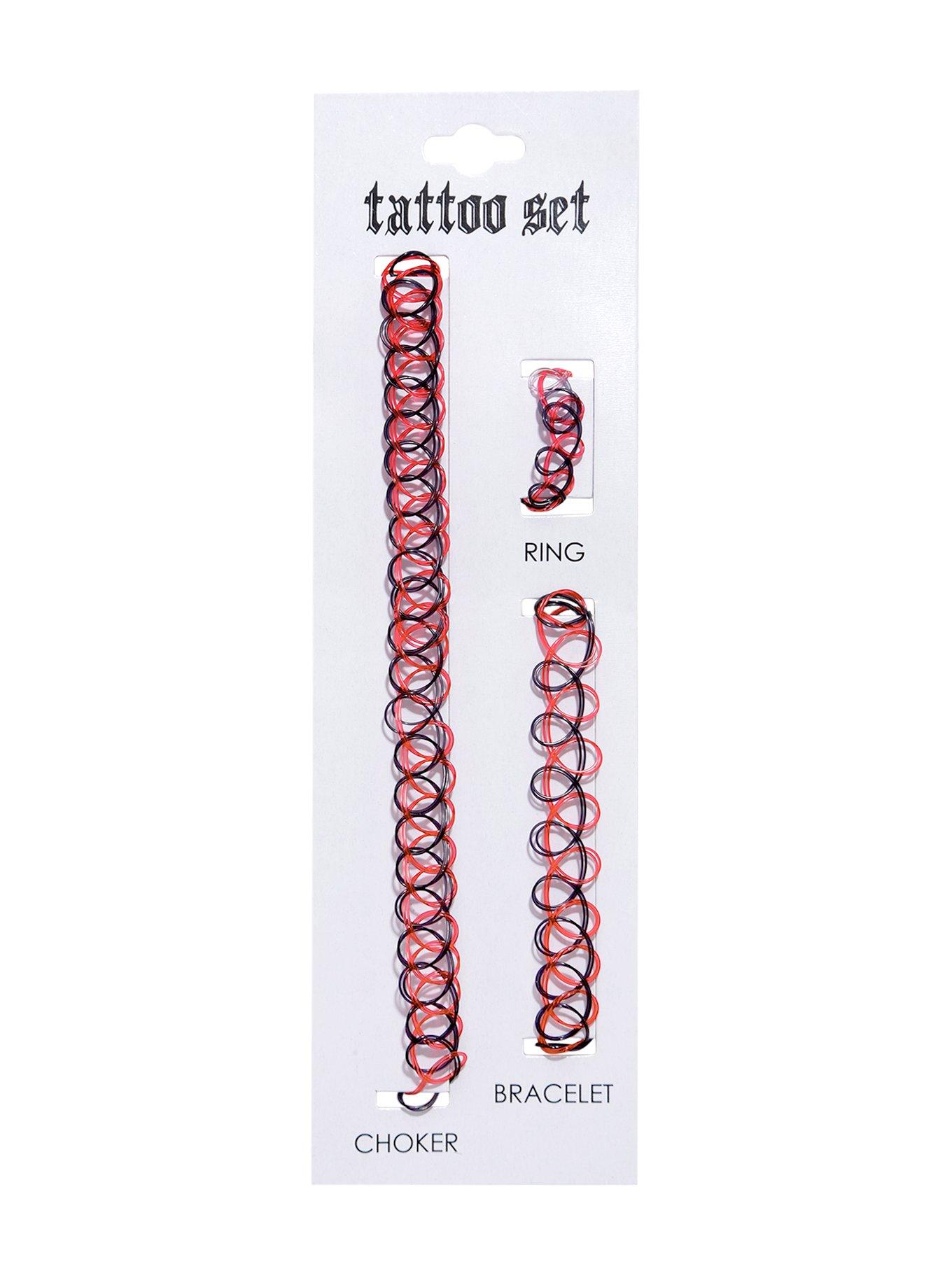 Black & Red Tattoo Choker Bracelet & Ring Set, , hi-res