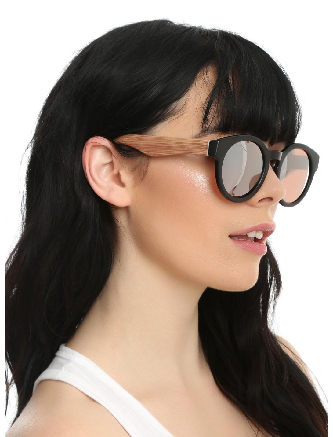 Black Plastic Round Pink Lens Wood Arm Sunglasses, , hi-res