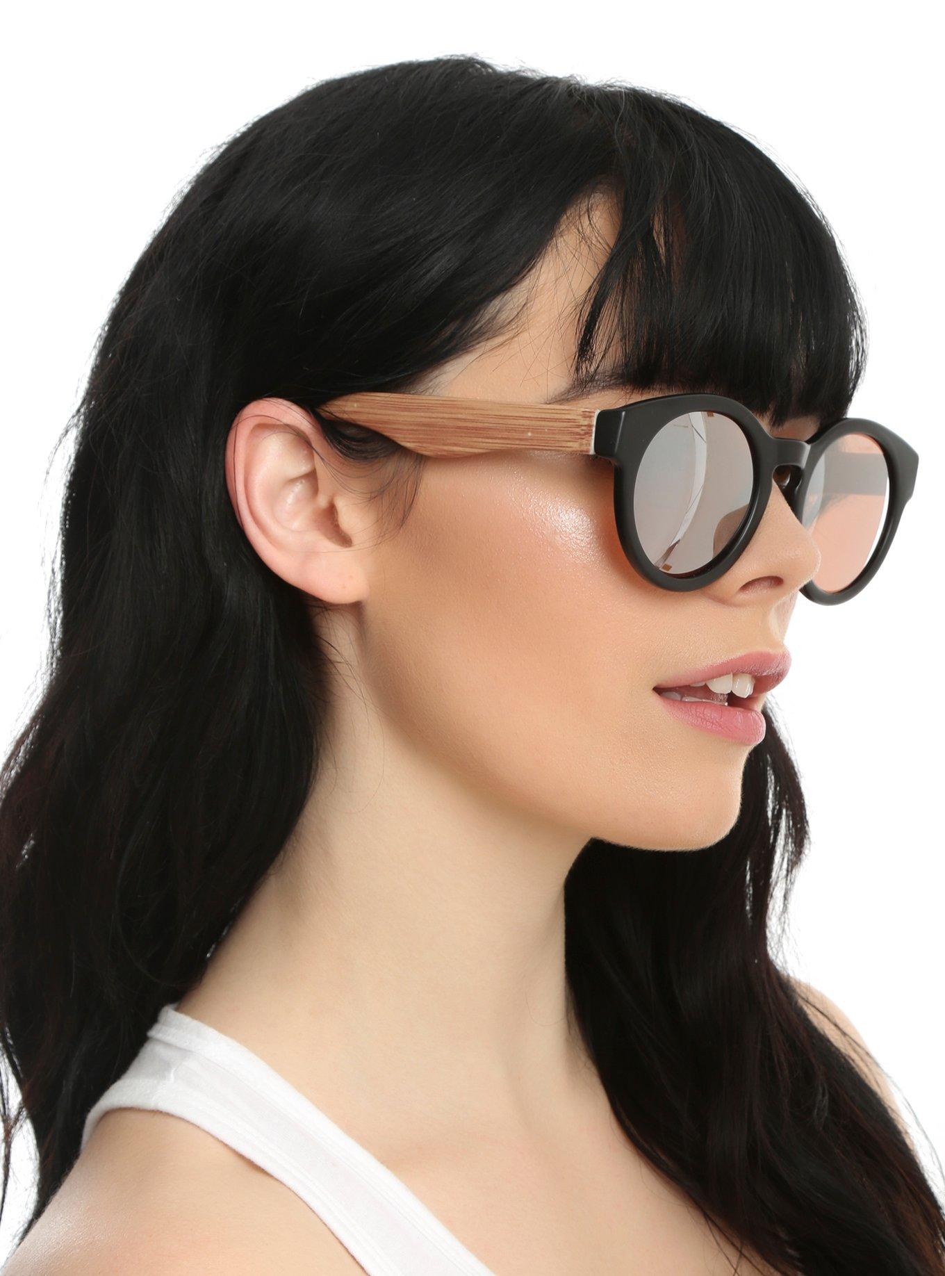 Black Plastic Round Pink Lens Wood Arm Sunglasses, , hi-res