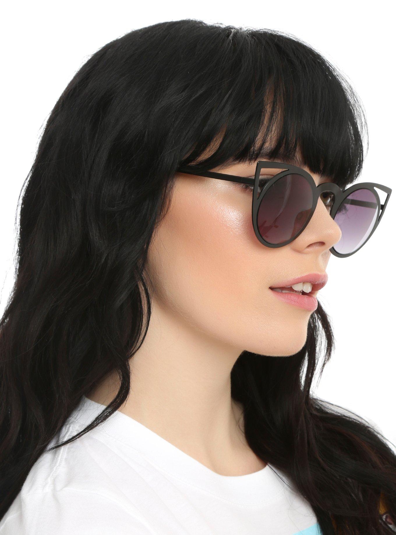 Matte Black Metal Cat Ear Cut-Out Round Sunglasses, , hi-res