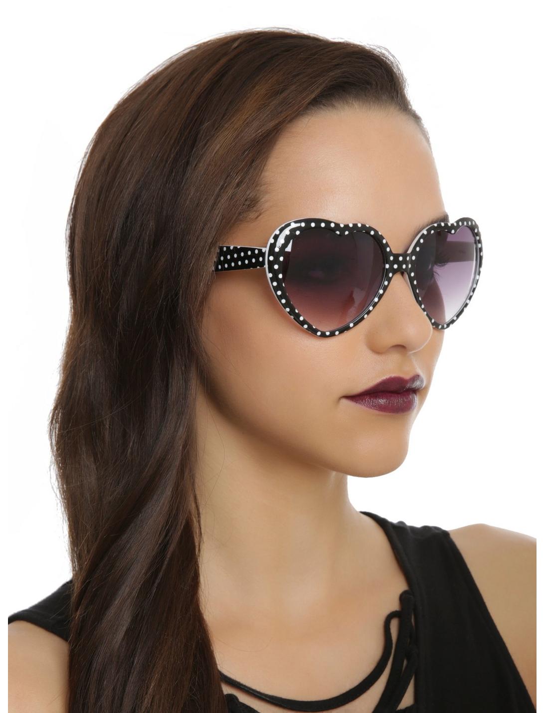 Black & White Polka Dot Heart Sunglasses, , hi-res