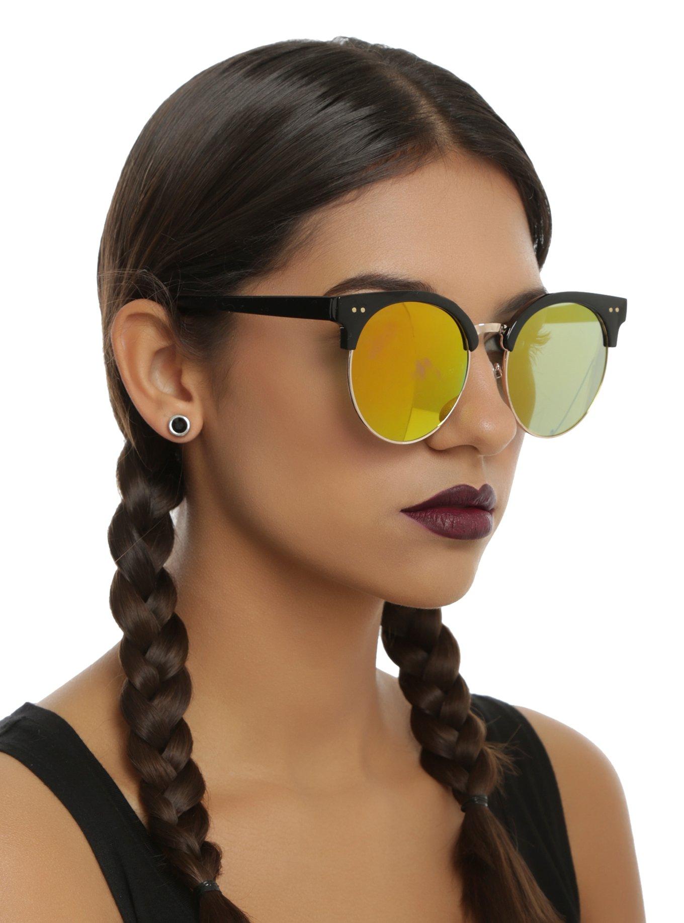 Black Pink Mirror Flat Lens Half-Rim Sunglasses, , hi-res