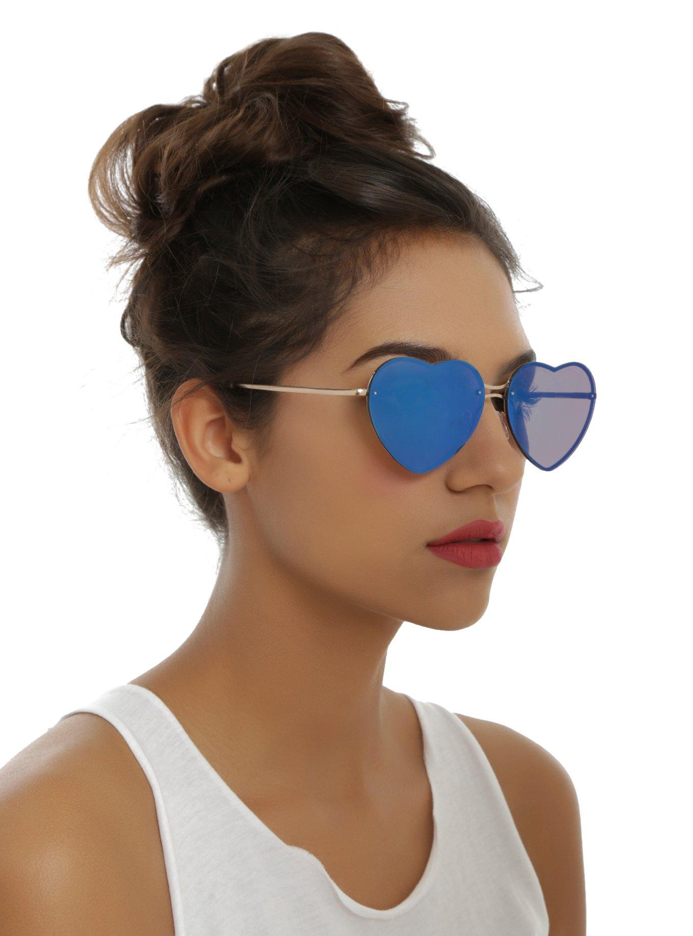 Blue Flat Lens Heart Sunglasses, , hi-res