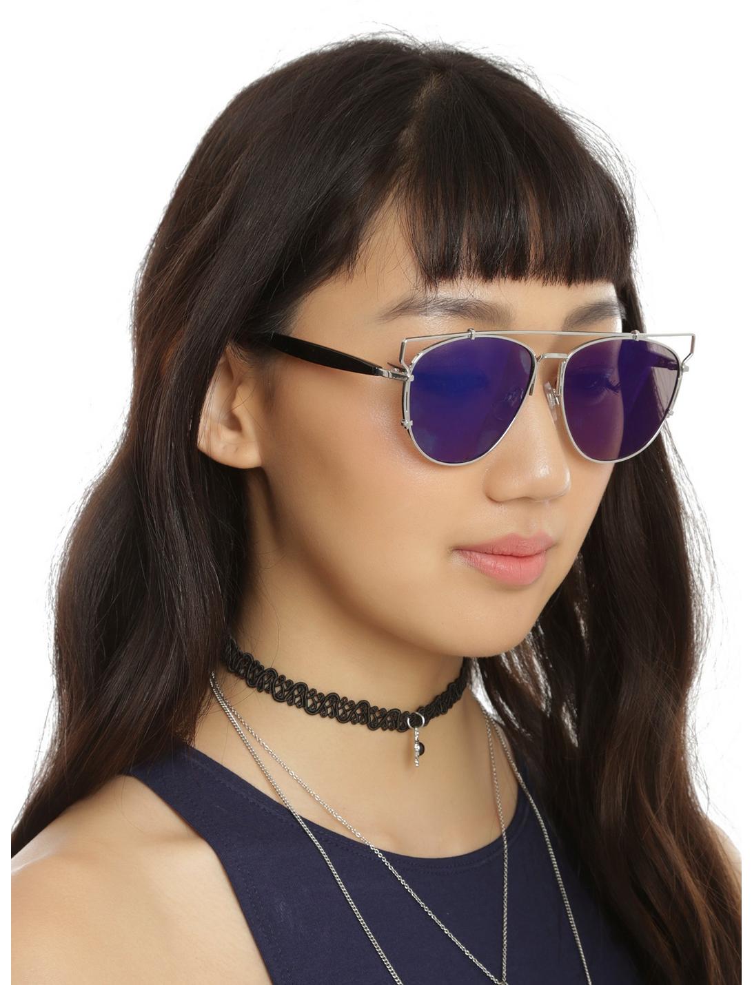 Blue Flat Lens Silver Top Bridge Sunglasses, , hi-res