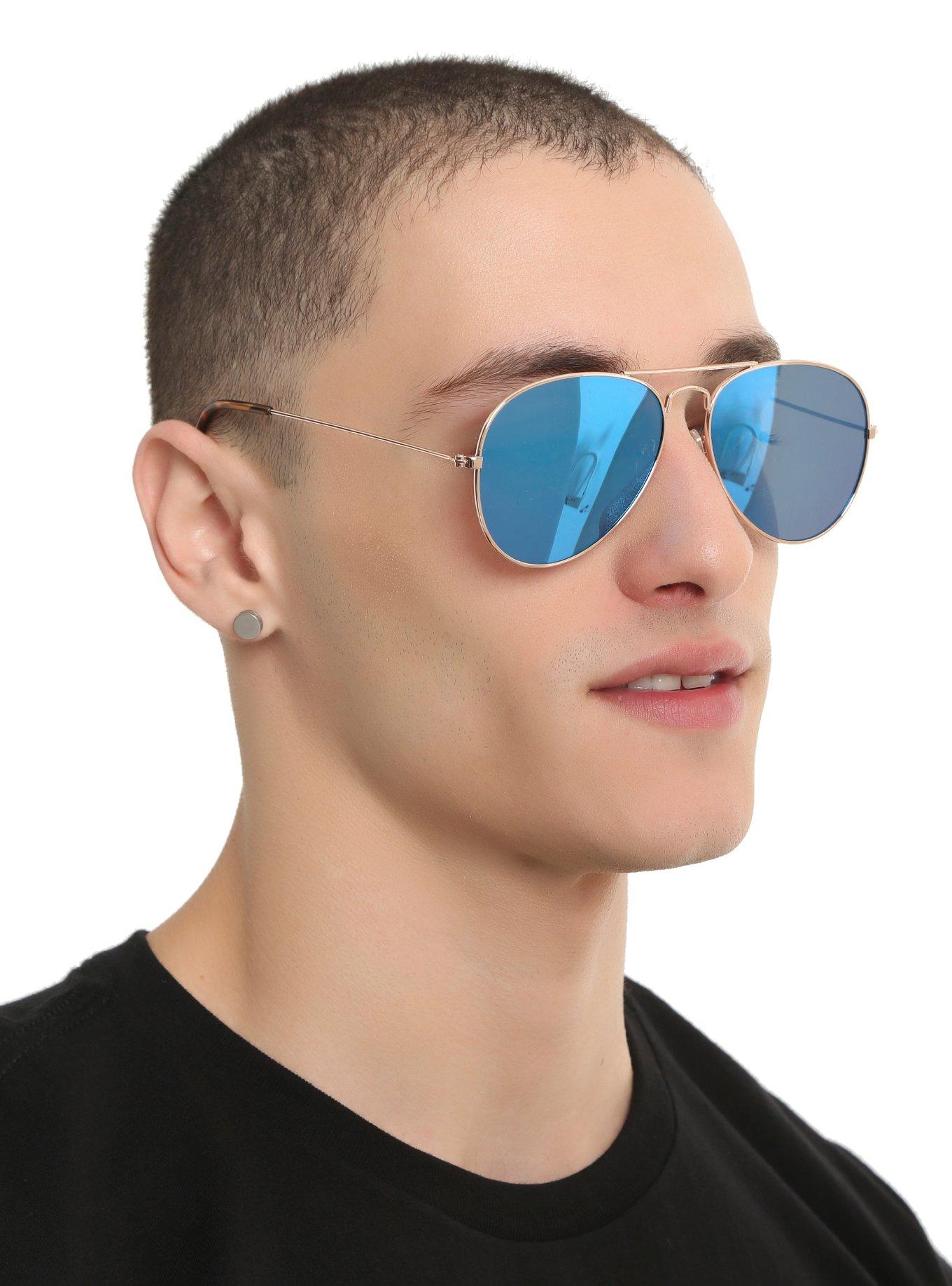 Gold Blue Lens Aviator Sunglasses, , hi-res