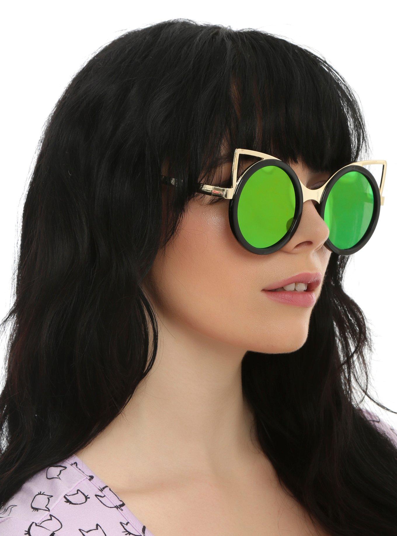 Black & Gold Cat Ear Round Sunglasses, , hi-res