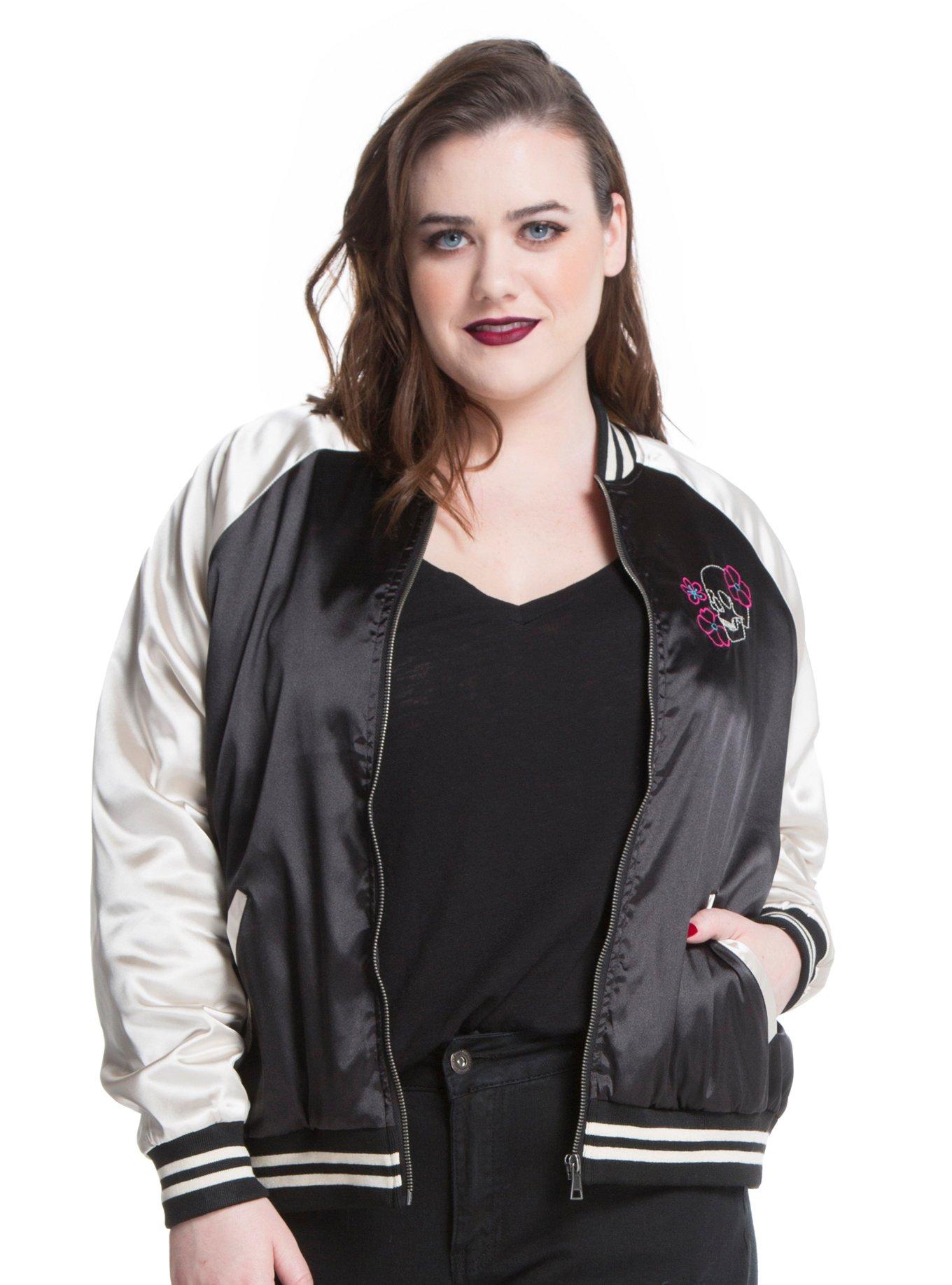 Black & Champagne Embroidered Koi Girls Satin Souvenir Jacket Plus Size, BLACK, hi-res