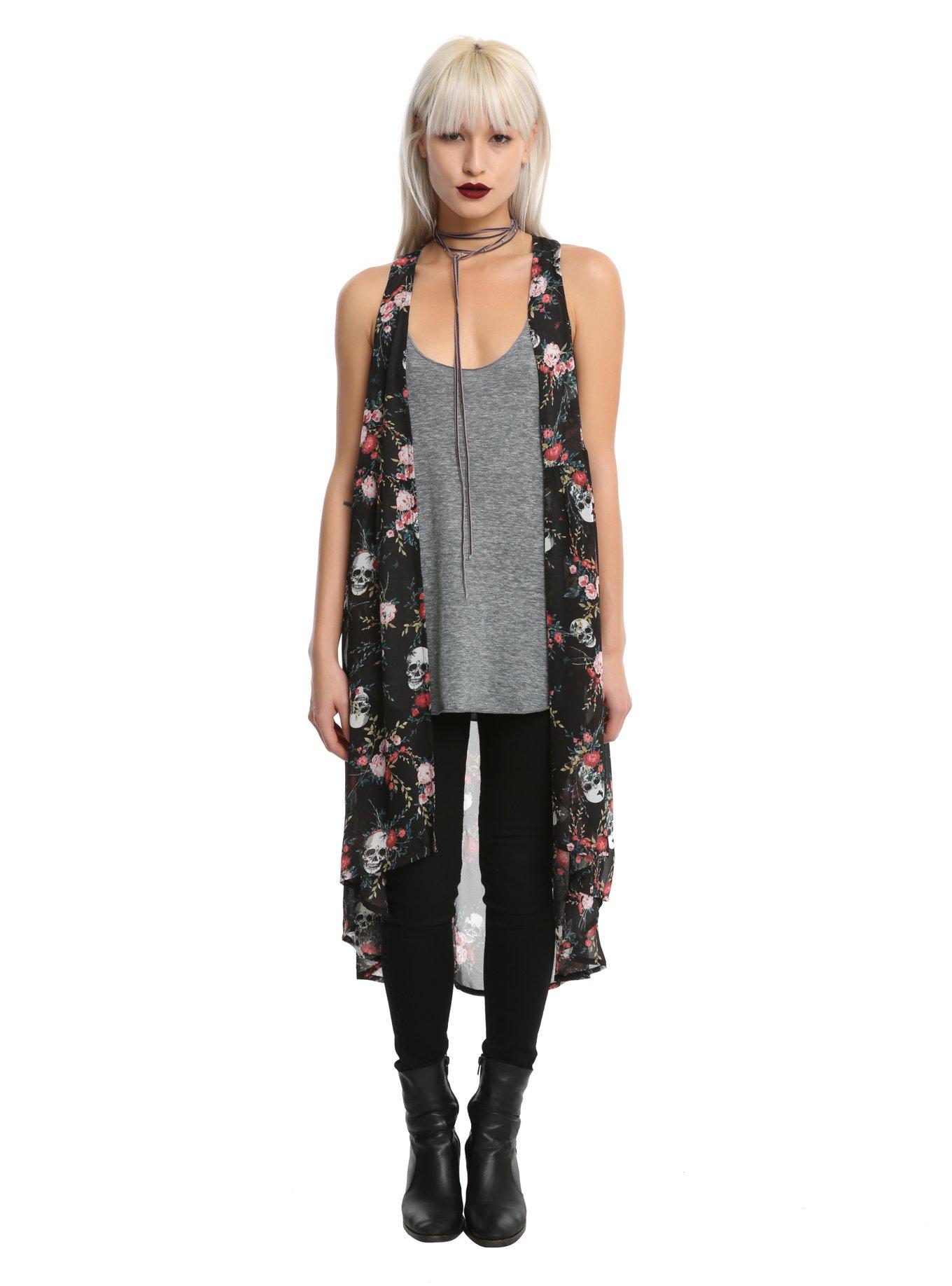 Black Floral Skull Chiffon Duster, BLACK, hi-res