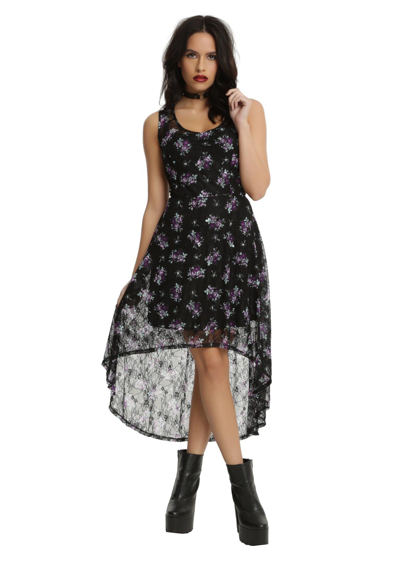 Black & Purple Floral Lace Hi-Low Dress, BLACK, hi-res