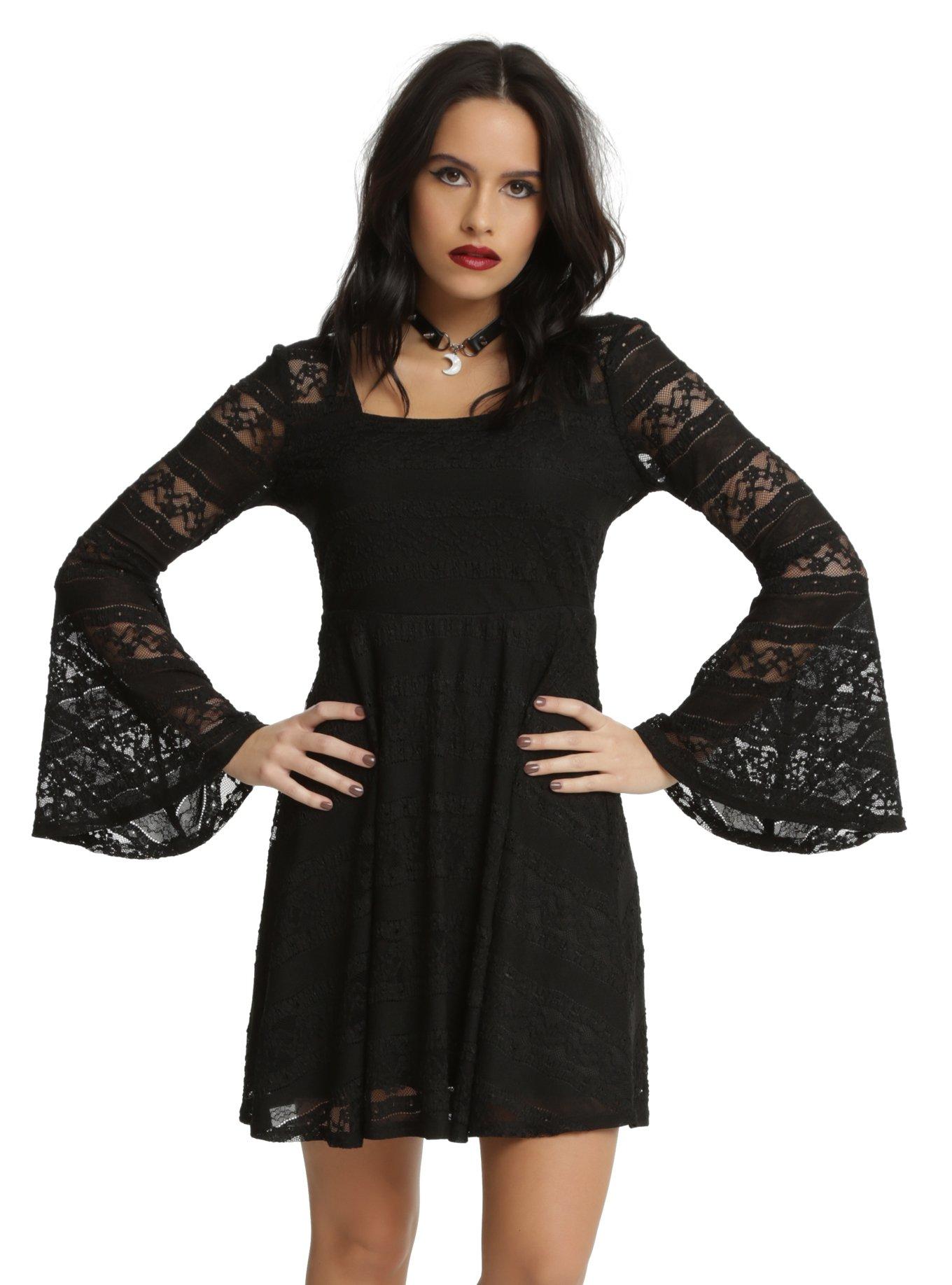 Black Lace Bell Sleeve Dress, BLACK, hi-res