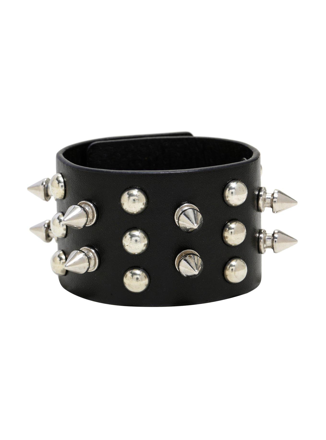 Double Row Black Faux Leather Spike & Stud Cuff, , hi-res