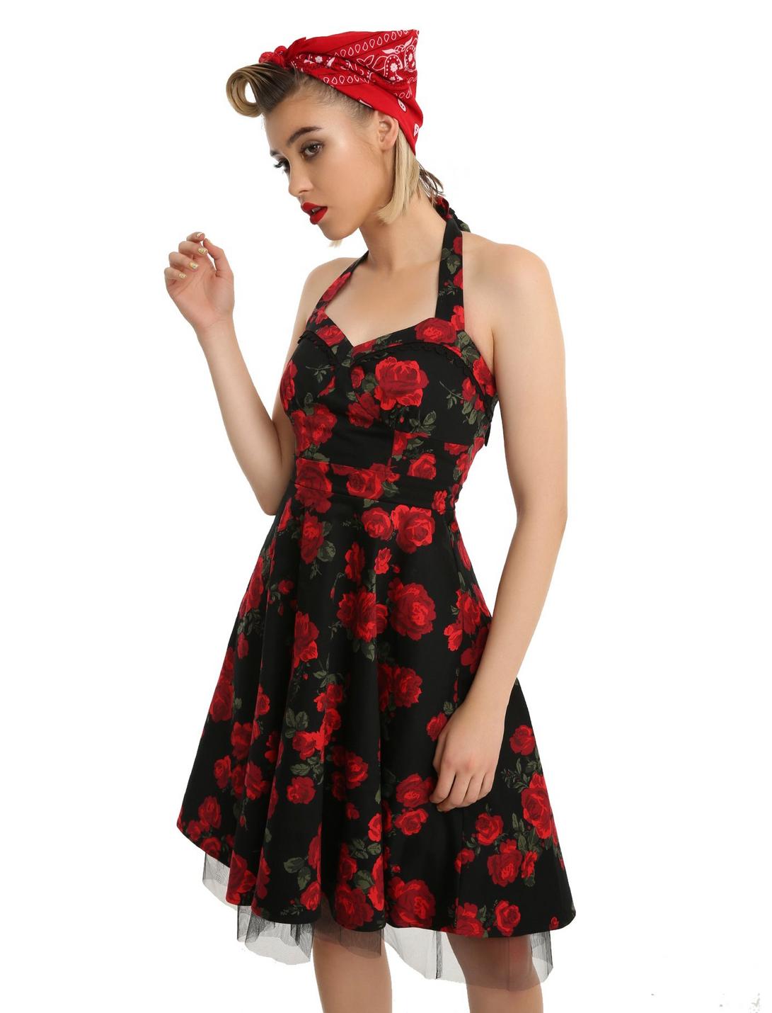 Black & Red Floral Halter Dress, BLACK, hi-res