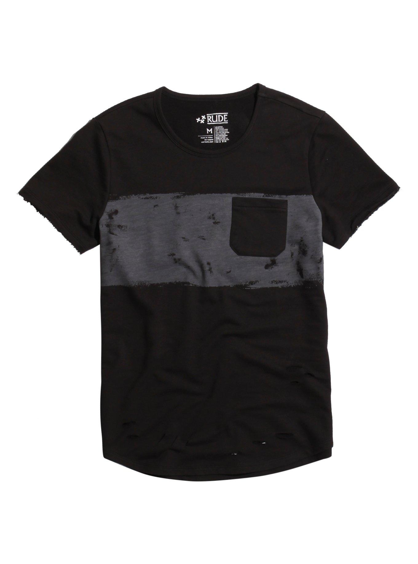 XXX RUDE Black & Grey Wash Destructed Pocket T-Shirt, BLACK, hi-res