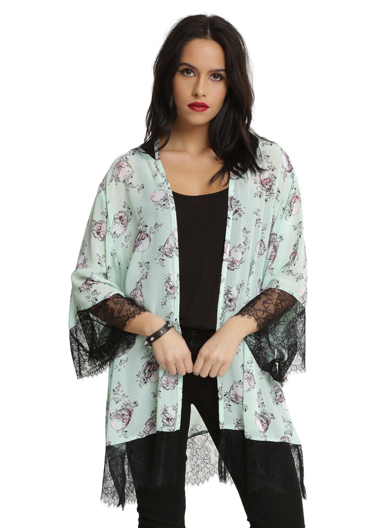 Mint Floral Skull Kimono, MINT, hi-res