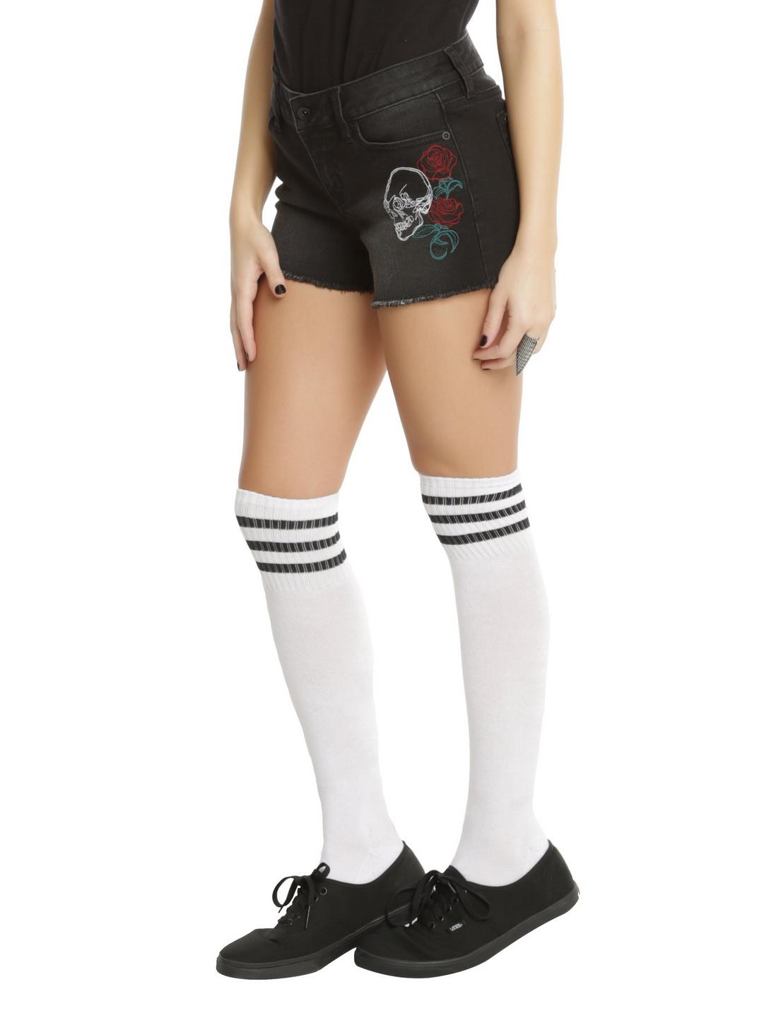 Blackheart Skull & Rose Embroidered Shorts, BLACK, hi-res
