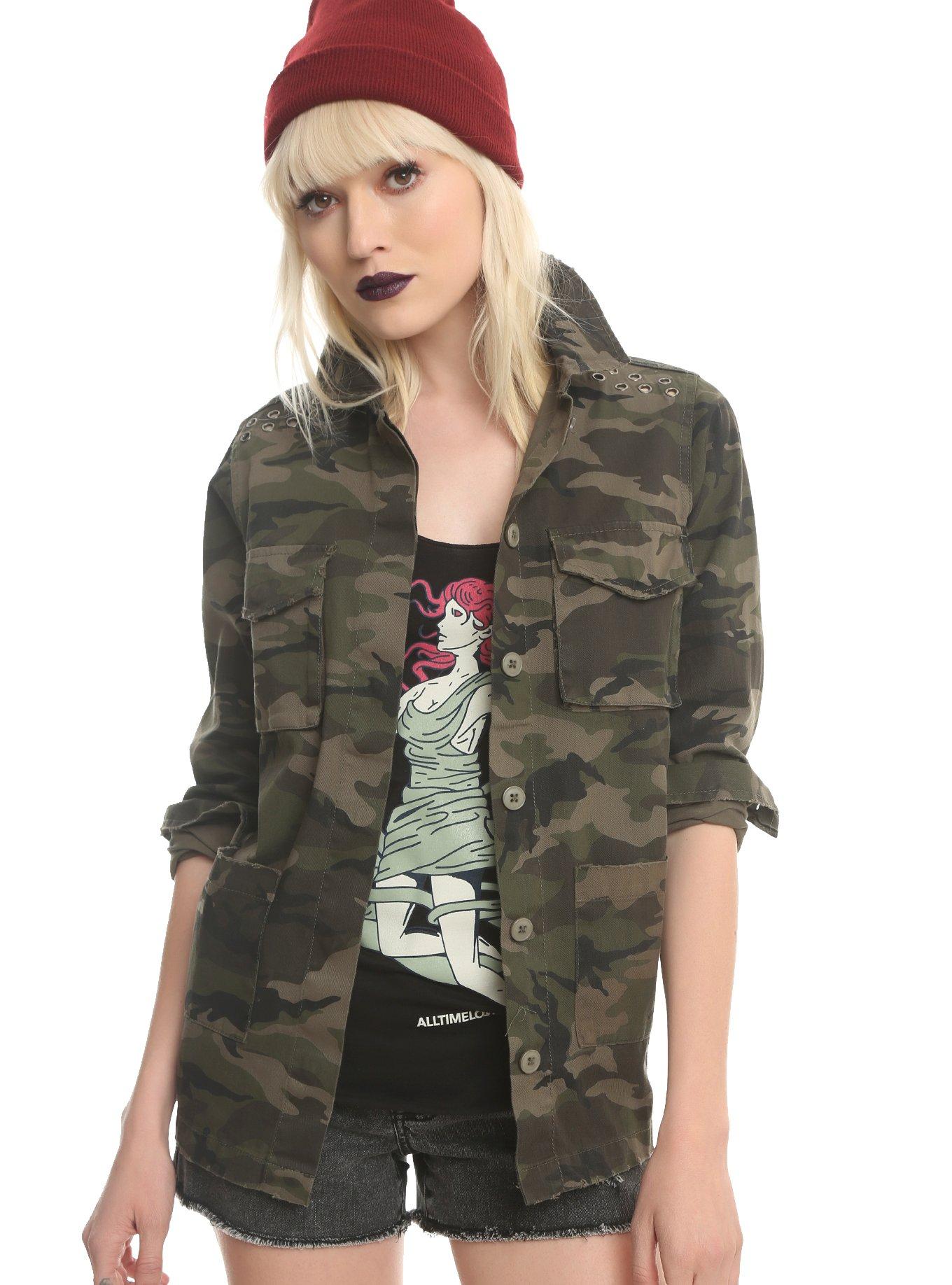 Destructed Grommet Camo Girls Jacket, GREEN, hi-res